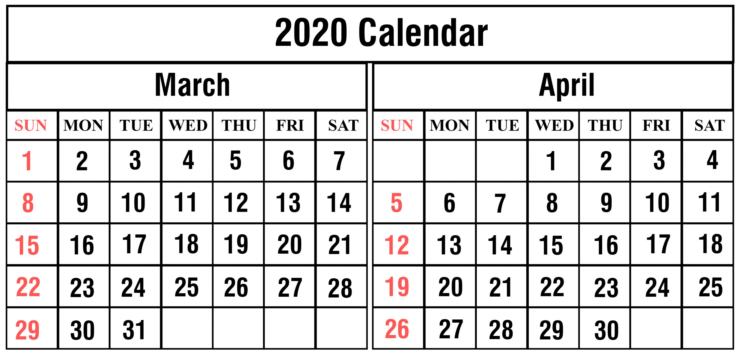 free march april 2020 printable calendar templates