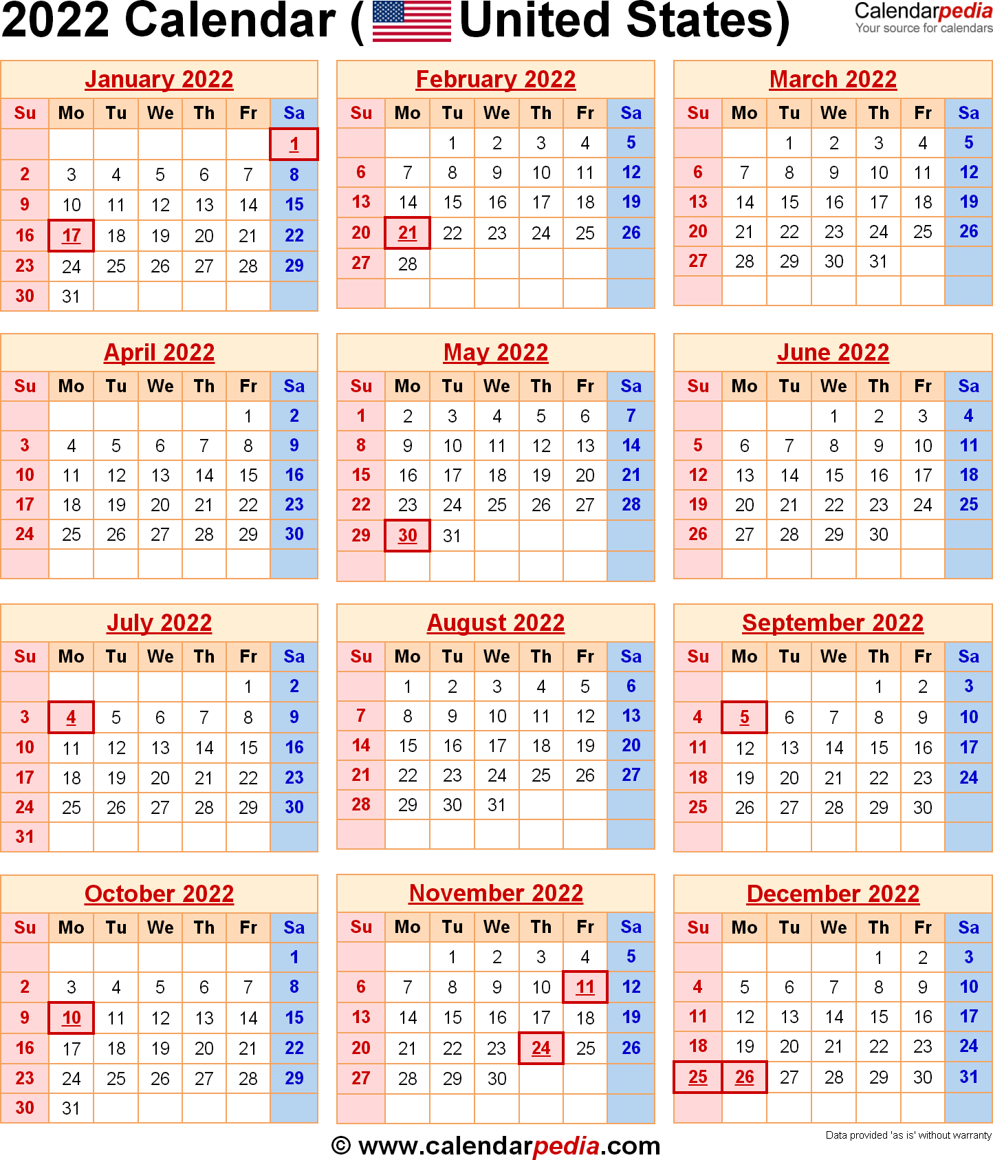 2022 Calendar with Federal Holidays