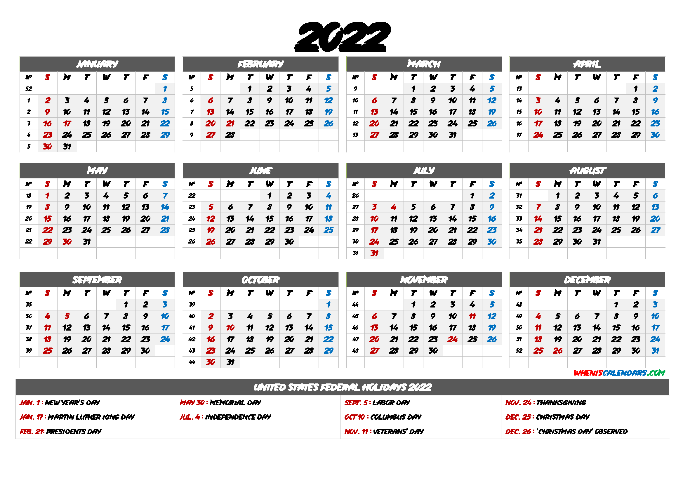 2022 Yearly Calendar template Word - 6 Templates