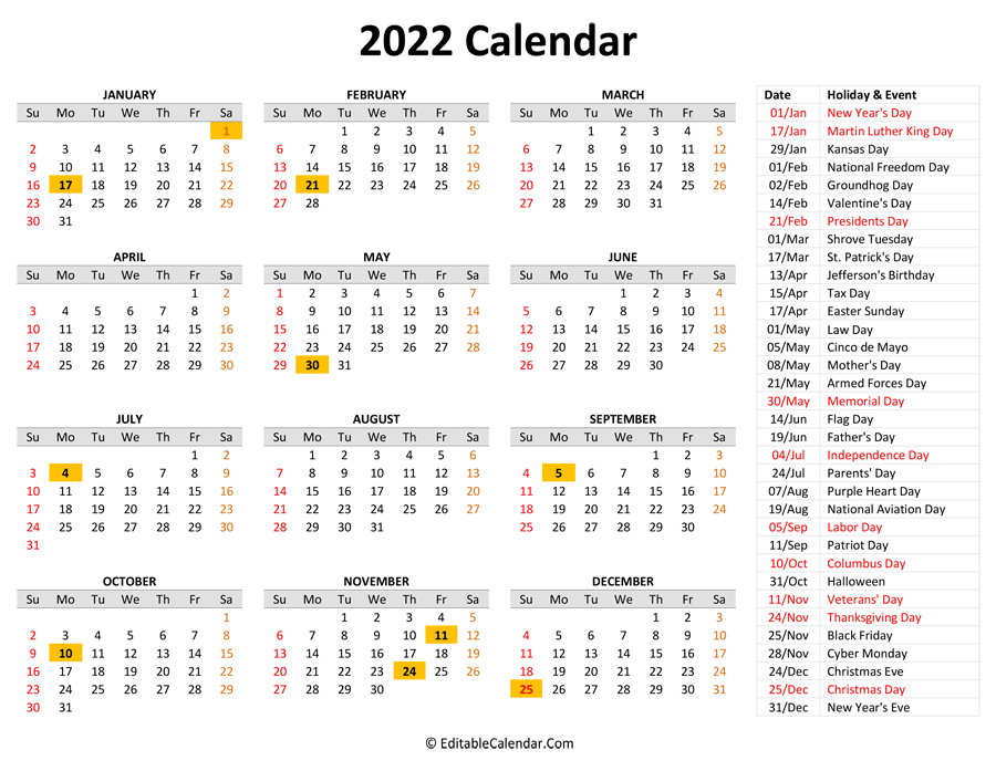 2022 Printable Calendar with Holidays