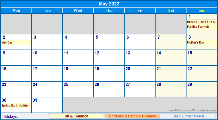 May 2022 UK Calendar with Holidays for printing (image format)