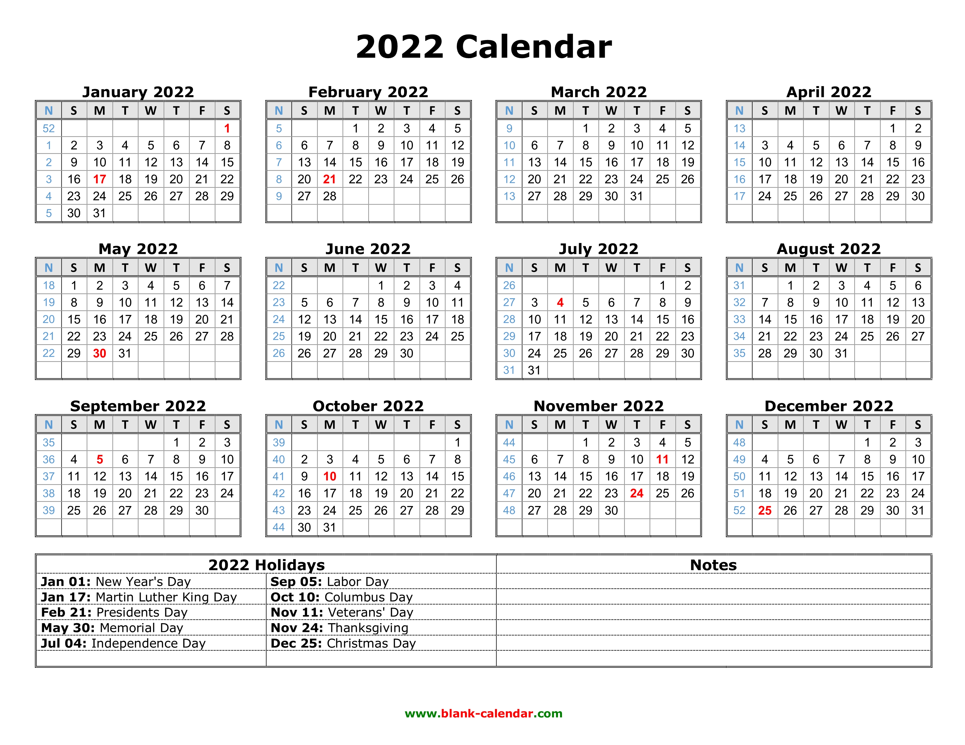 Free Download Printable Calendar 2022 with US Federal ...