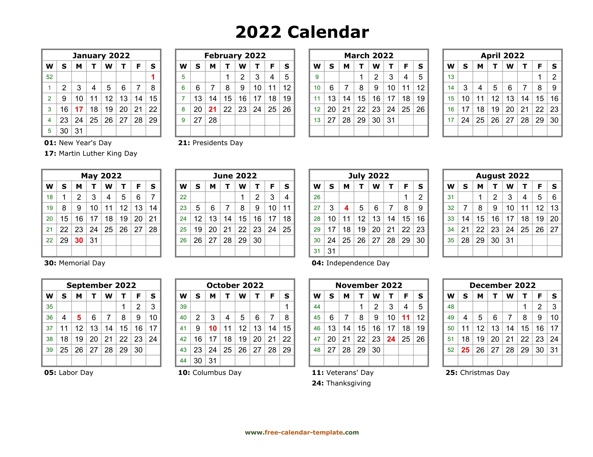Yearly calendar 2022 printable with federal holidays ...