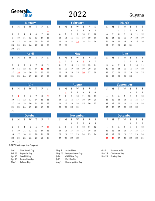 2022 Calendar - Guyana with Holidays