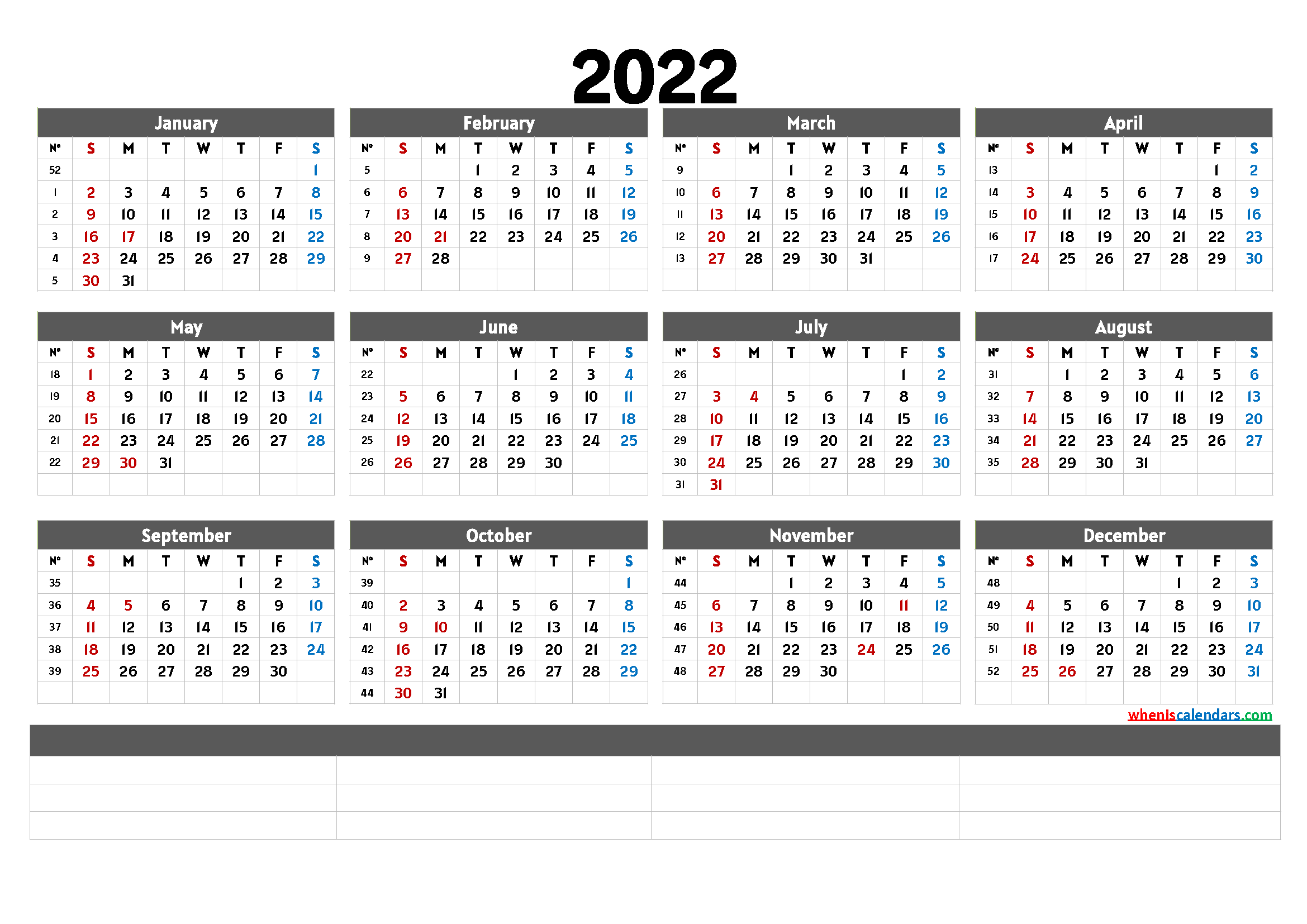 Printable 2022 Yearly Calendar (6 Templates)