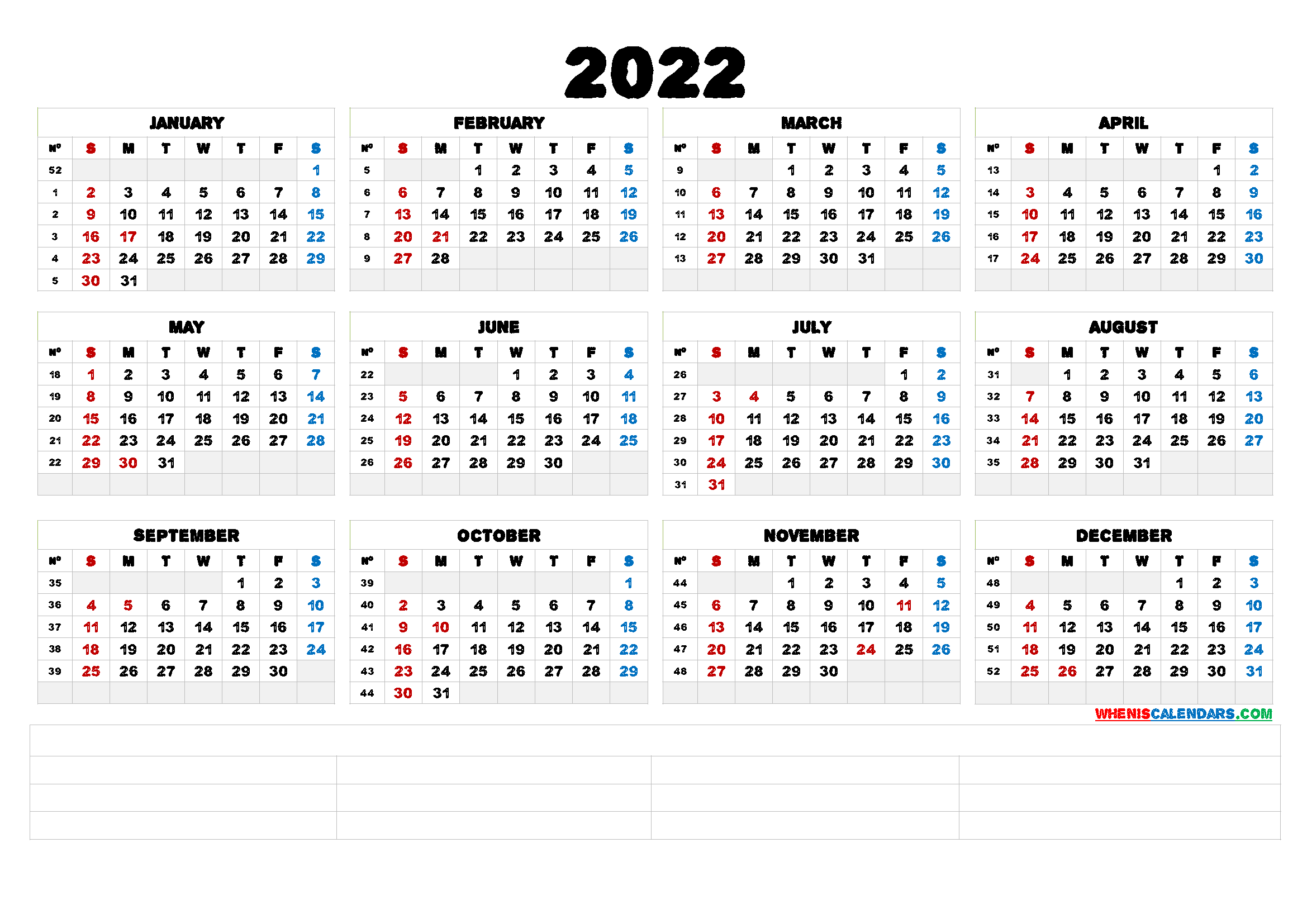 2022 Free Printable Yearly Calendar (6 Templates) - Free ...