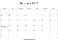 January 2022 Calendar (Horizontal Layout)