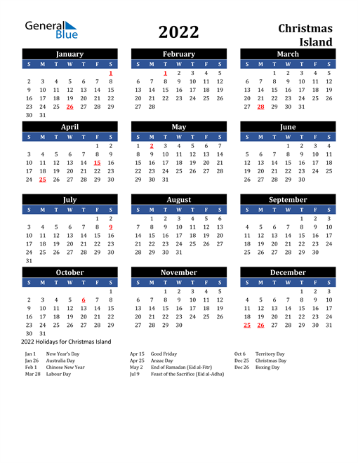 2022 Calendar - Christmas Island with Holidays