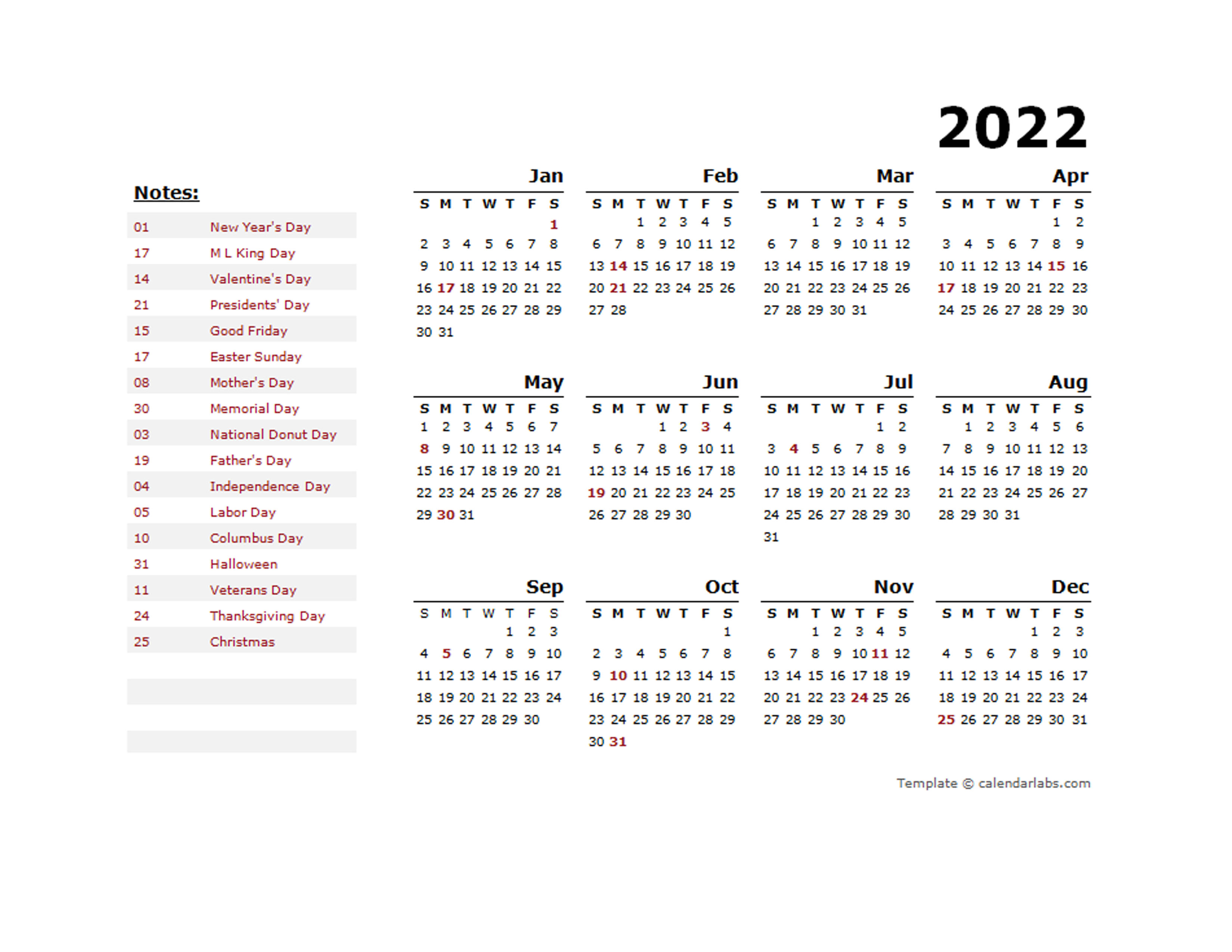 2022 Year Calendar Template with US Holidays - Free ...