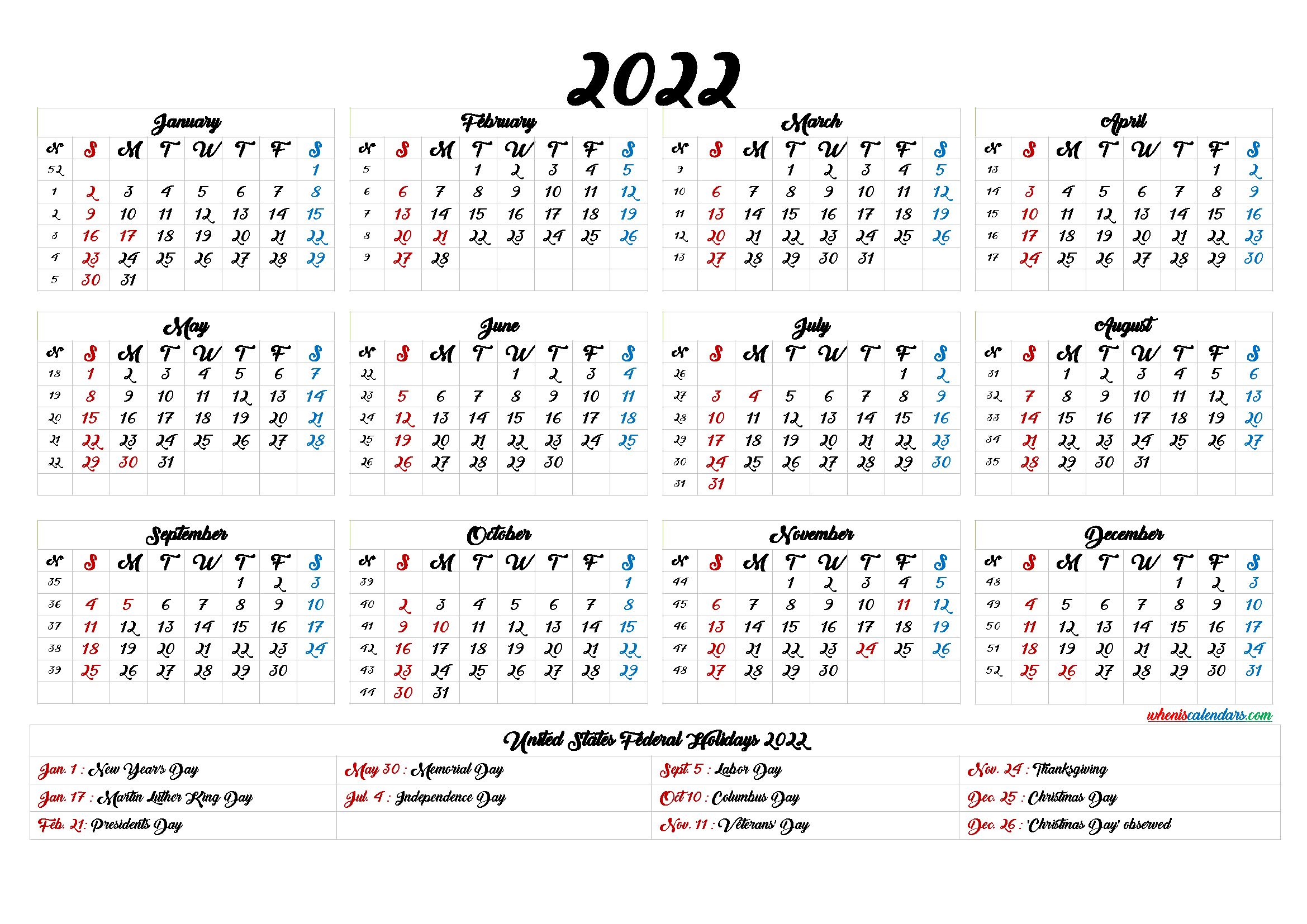 20+ 2022 Calendar With Holidays Printable - Free Download ...