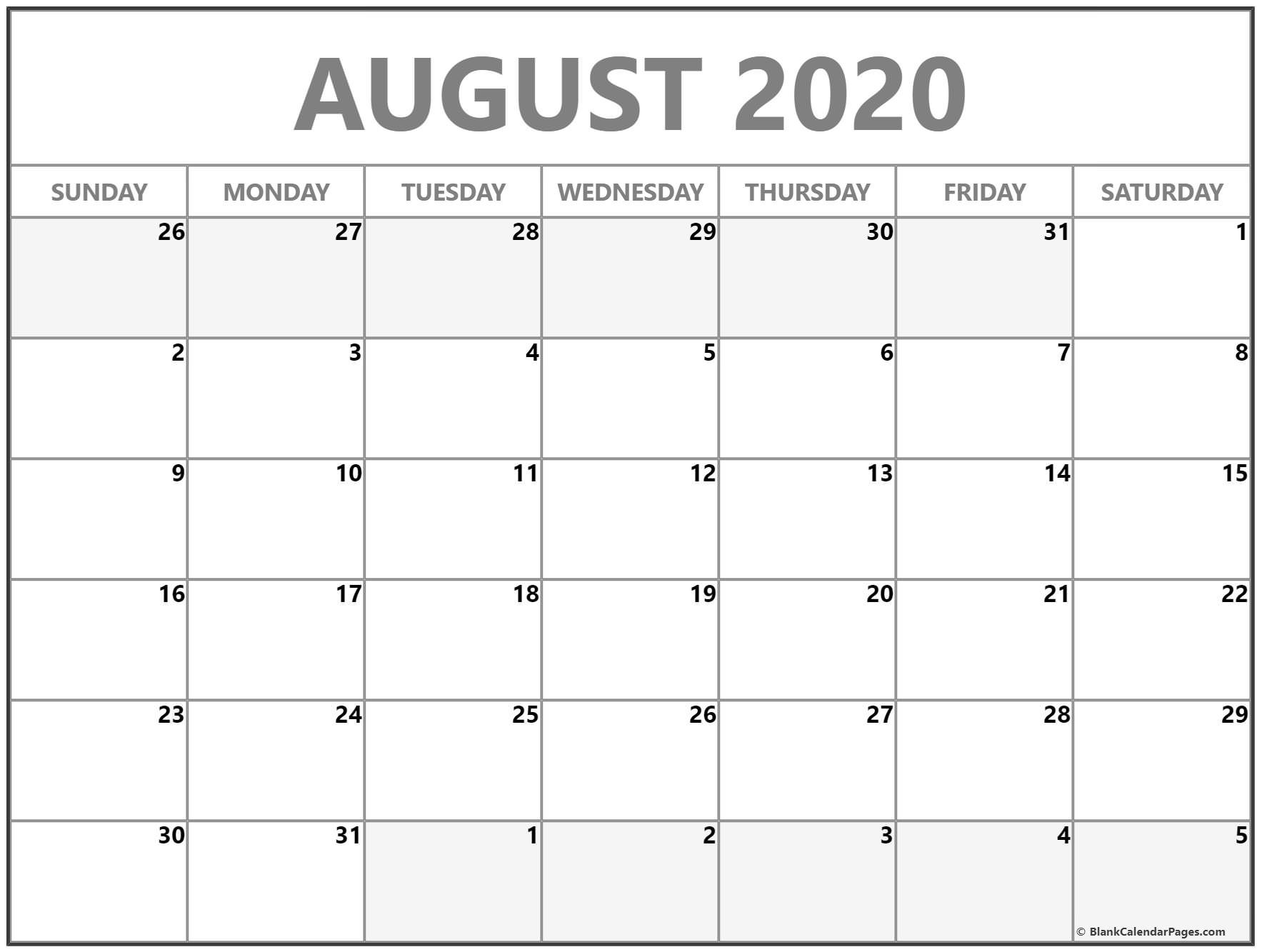 august 2020 blank calendar templates