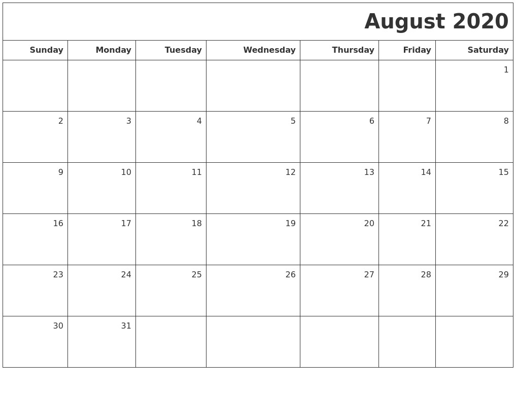 august 2020 printable blank calendar