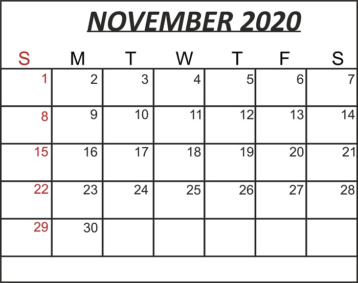 free november 2020 printable calendar template in pdf