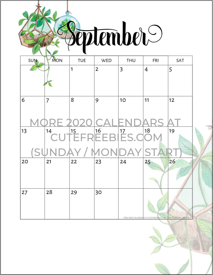 september 2020 calendar printable plants cute freebies