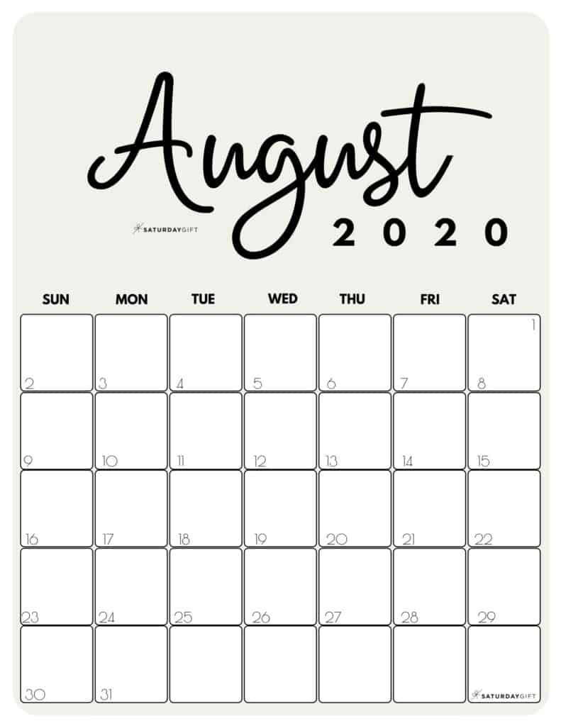 cute free printable august 2020 calendar saturdaygift