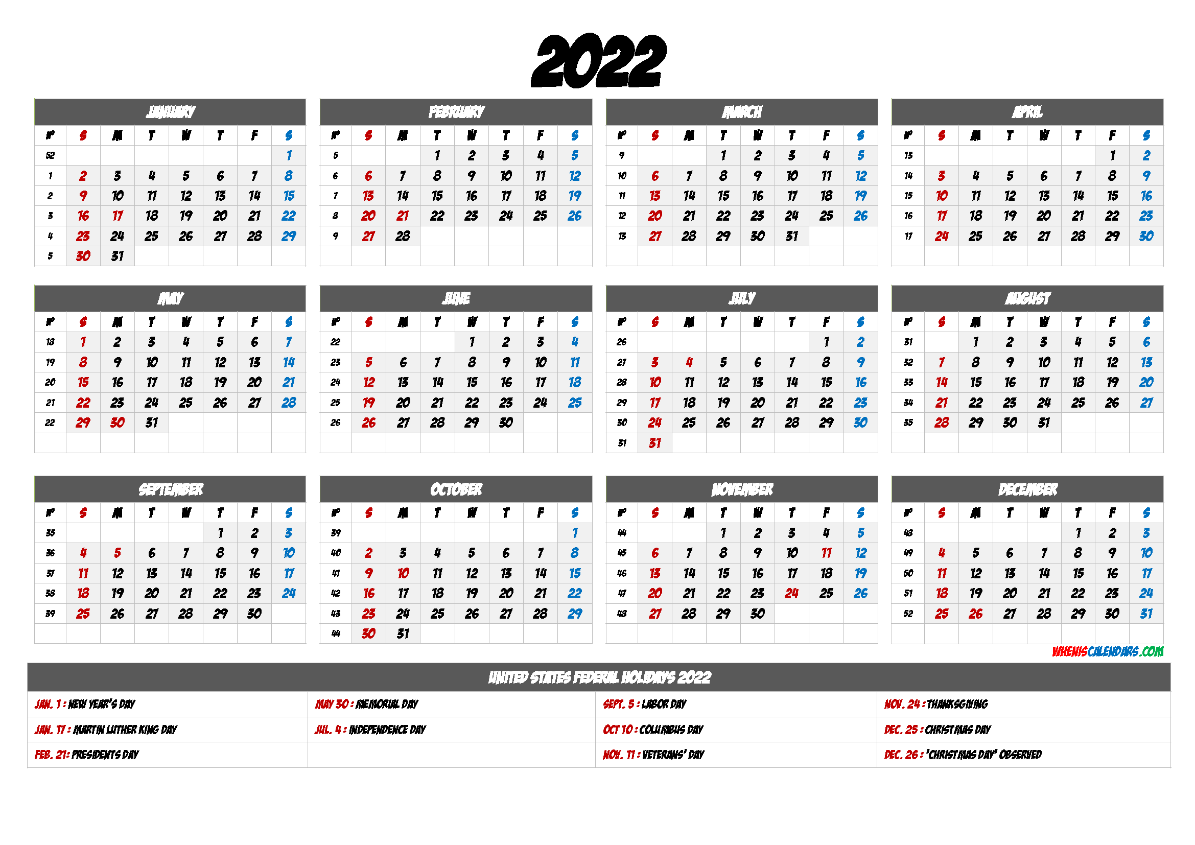 20+ 2022 Calendar With Holidays Printable - Free Download ...