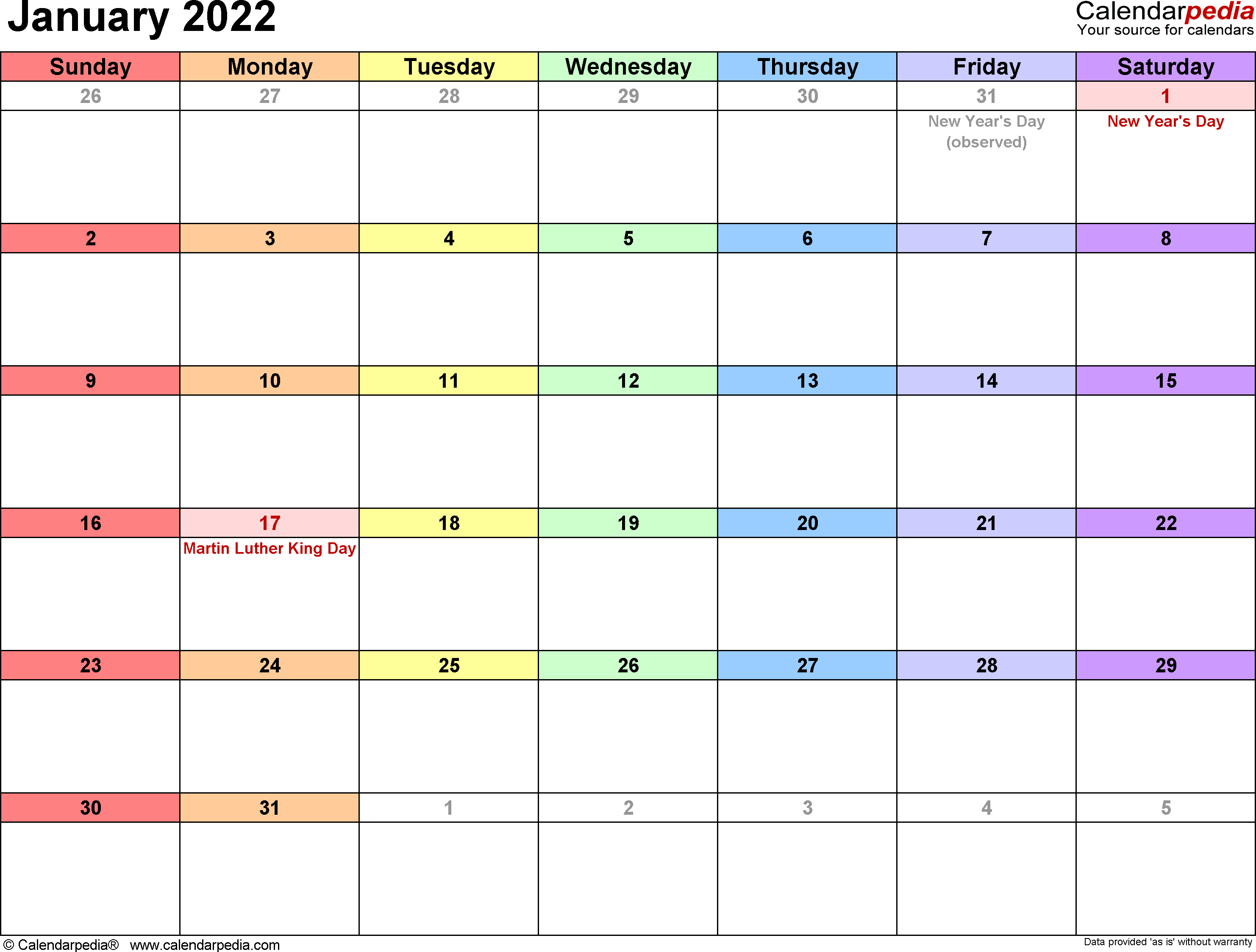 January 2022 Calendars for Word, Excel & PDF
