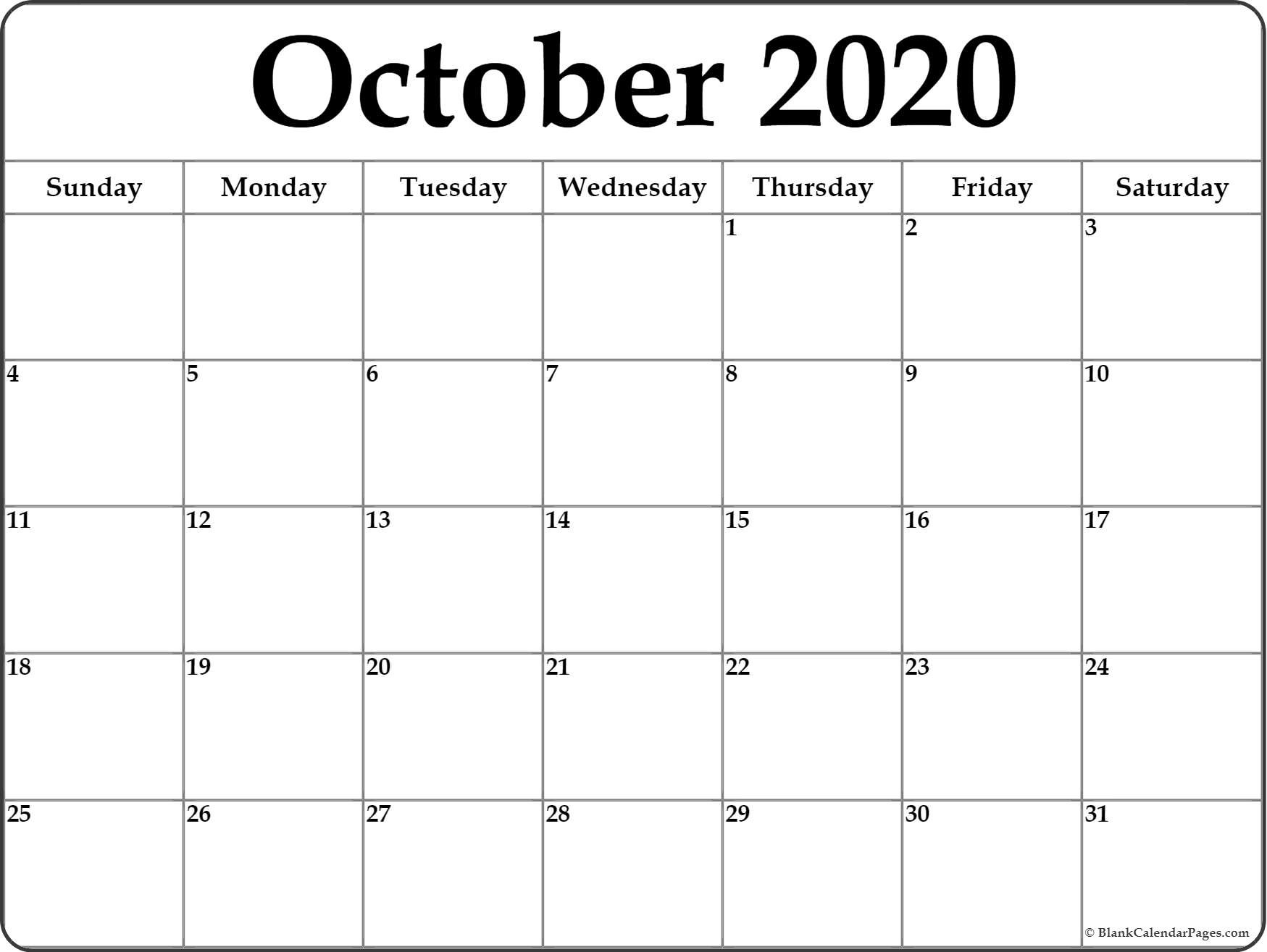october 2020 blank calendar templates