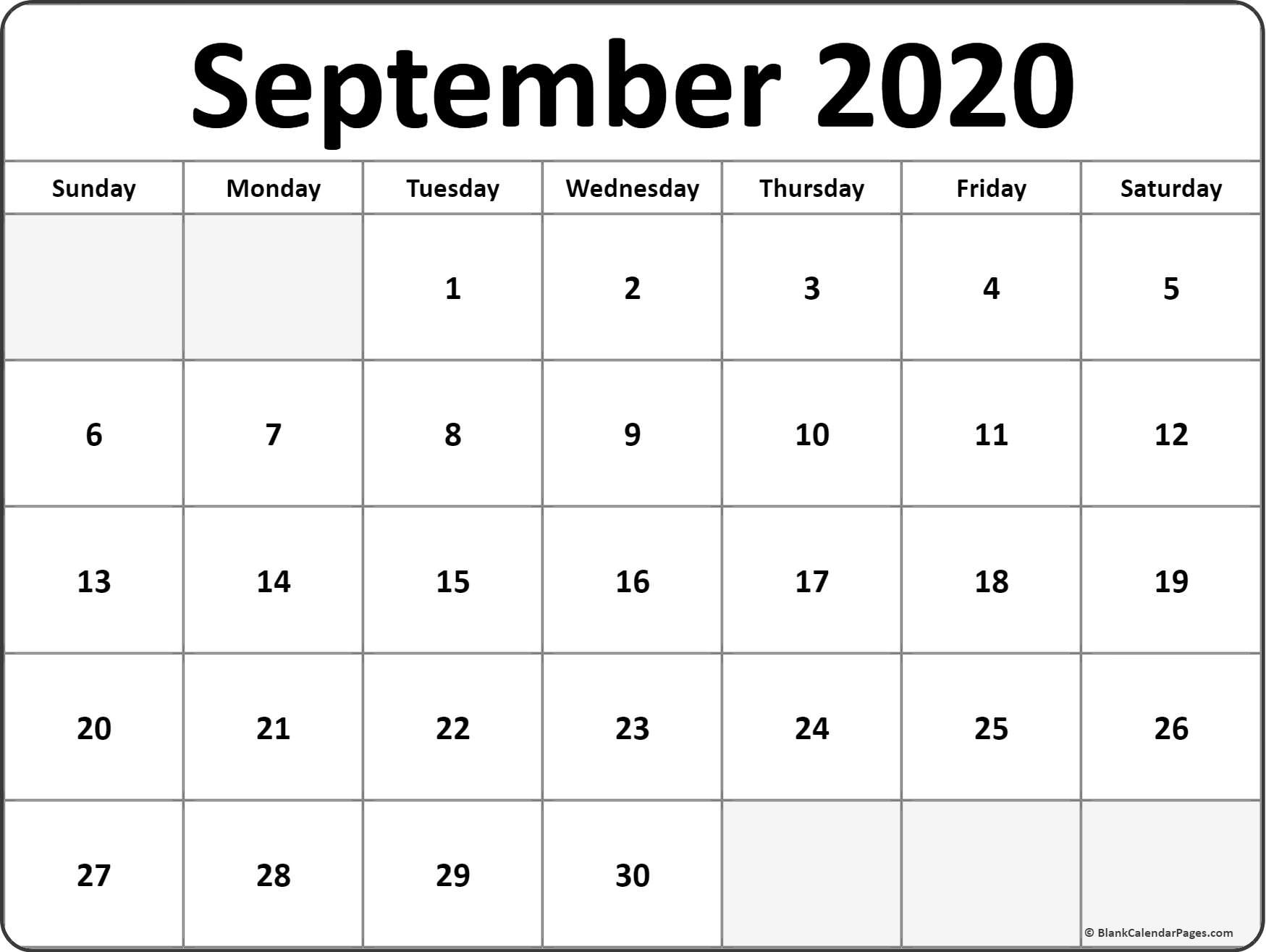 september 2020 blank calendar templates