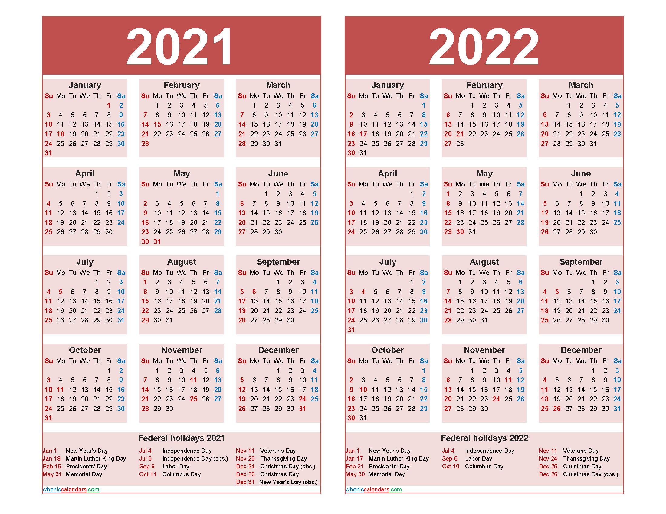 2021 and 2022 Calendar Printable with Holidays Word, PDF ...
