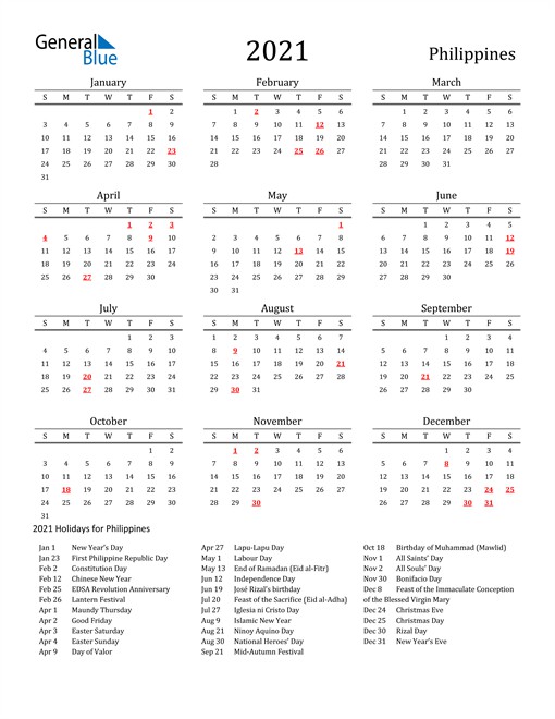 2021 calendar philippines with holidays