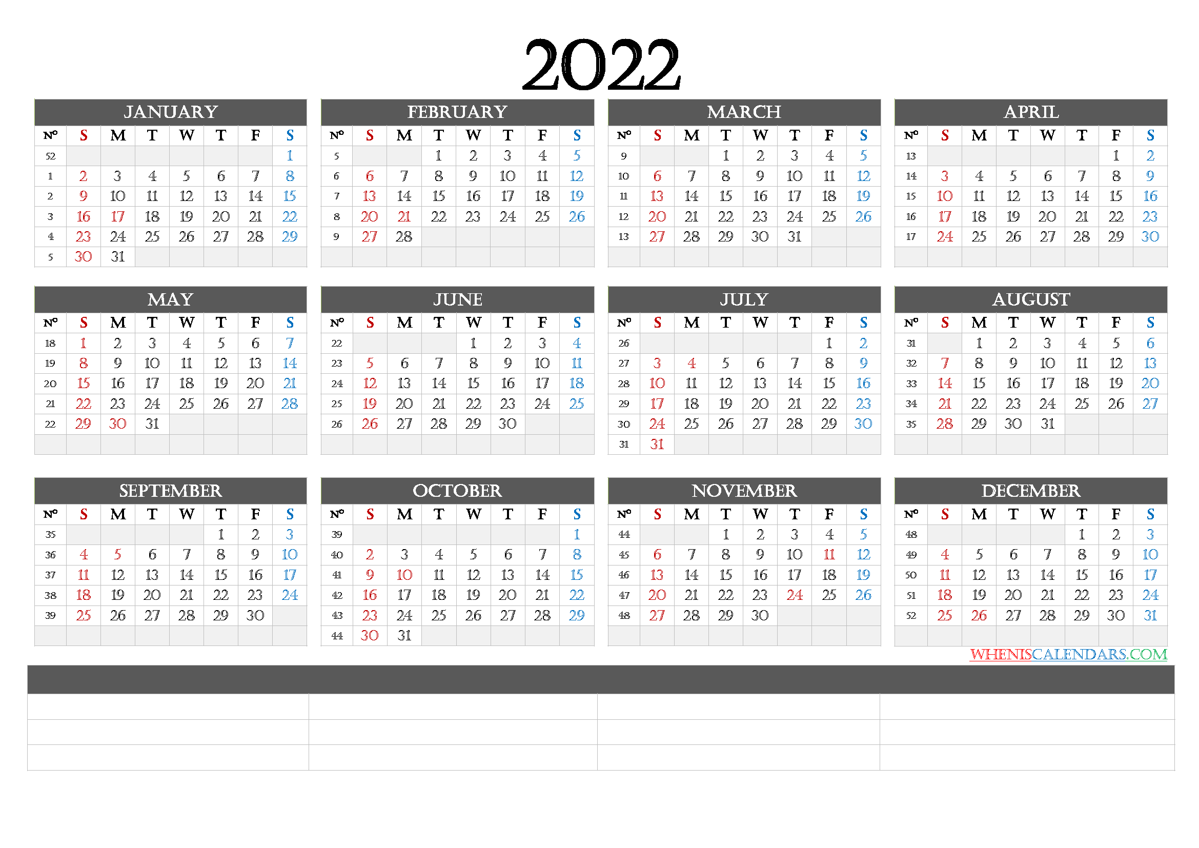 2022 Calendar with Week Numbers Printable - CalendraEX.com