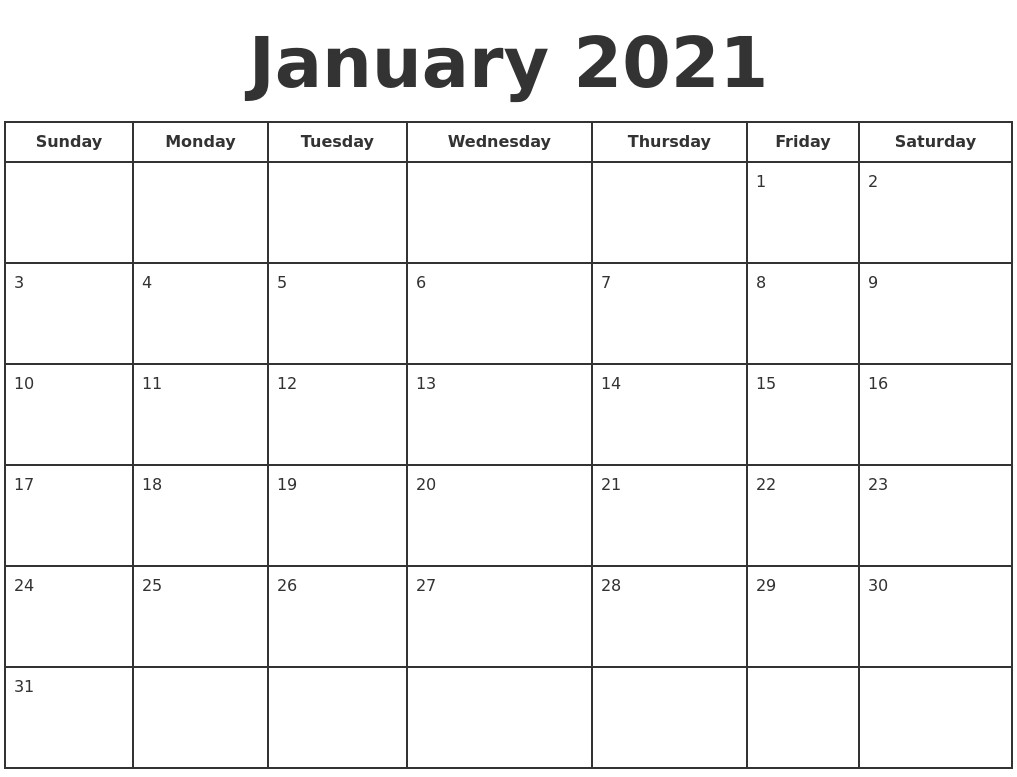 january 2021 print a calendar