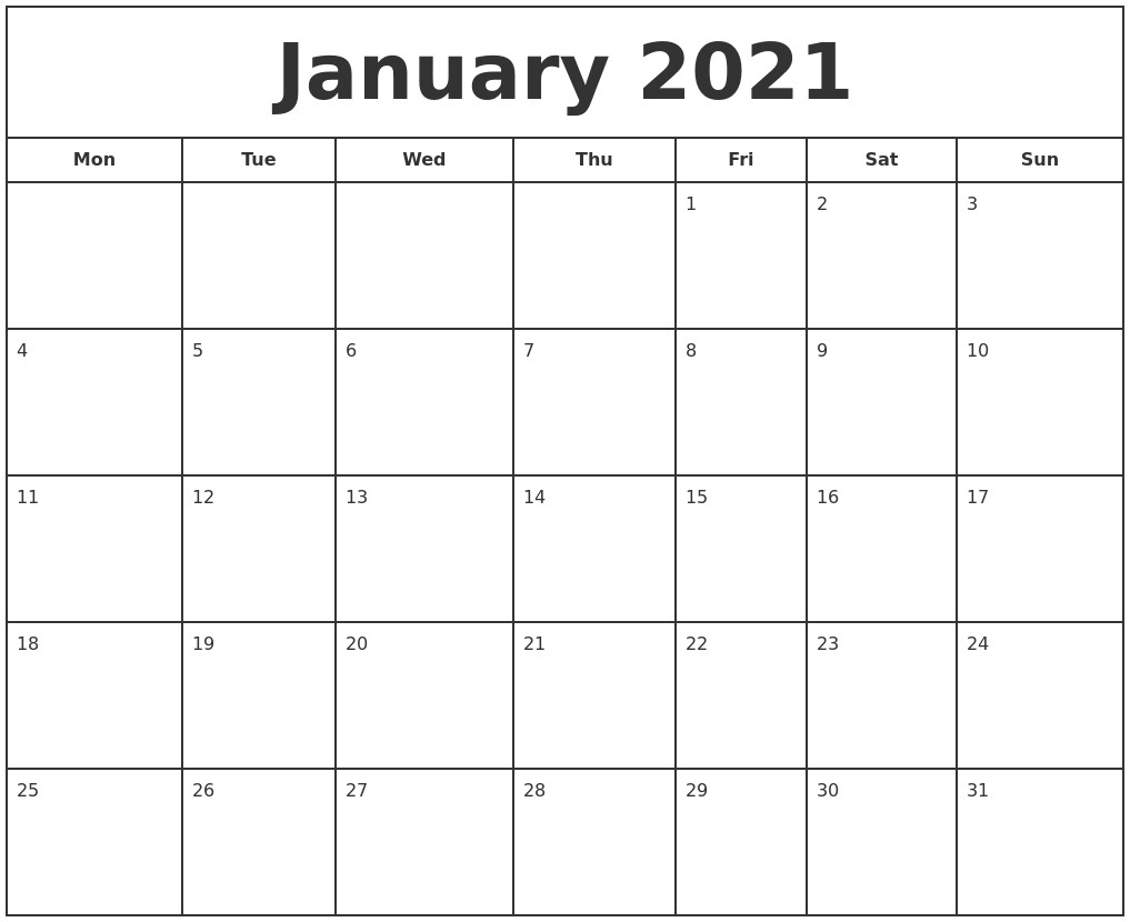 january 2021 print free calendar