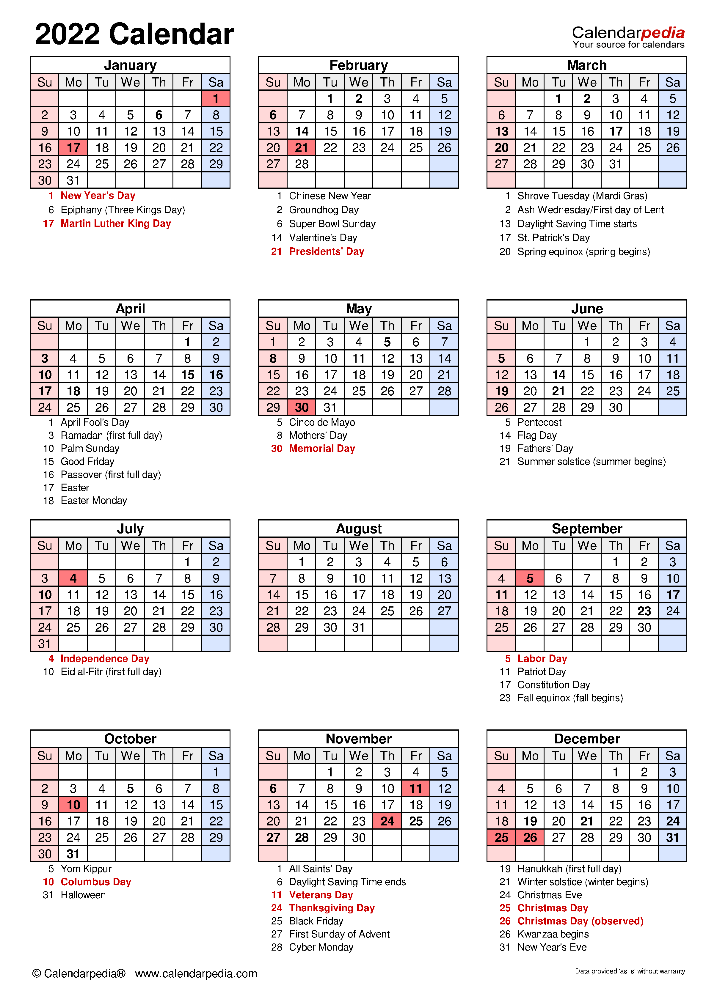 2022 Calendar - Free Printable Microsoft Word Templates