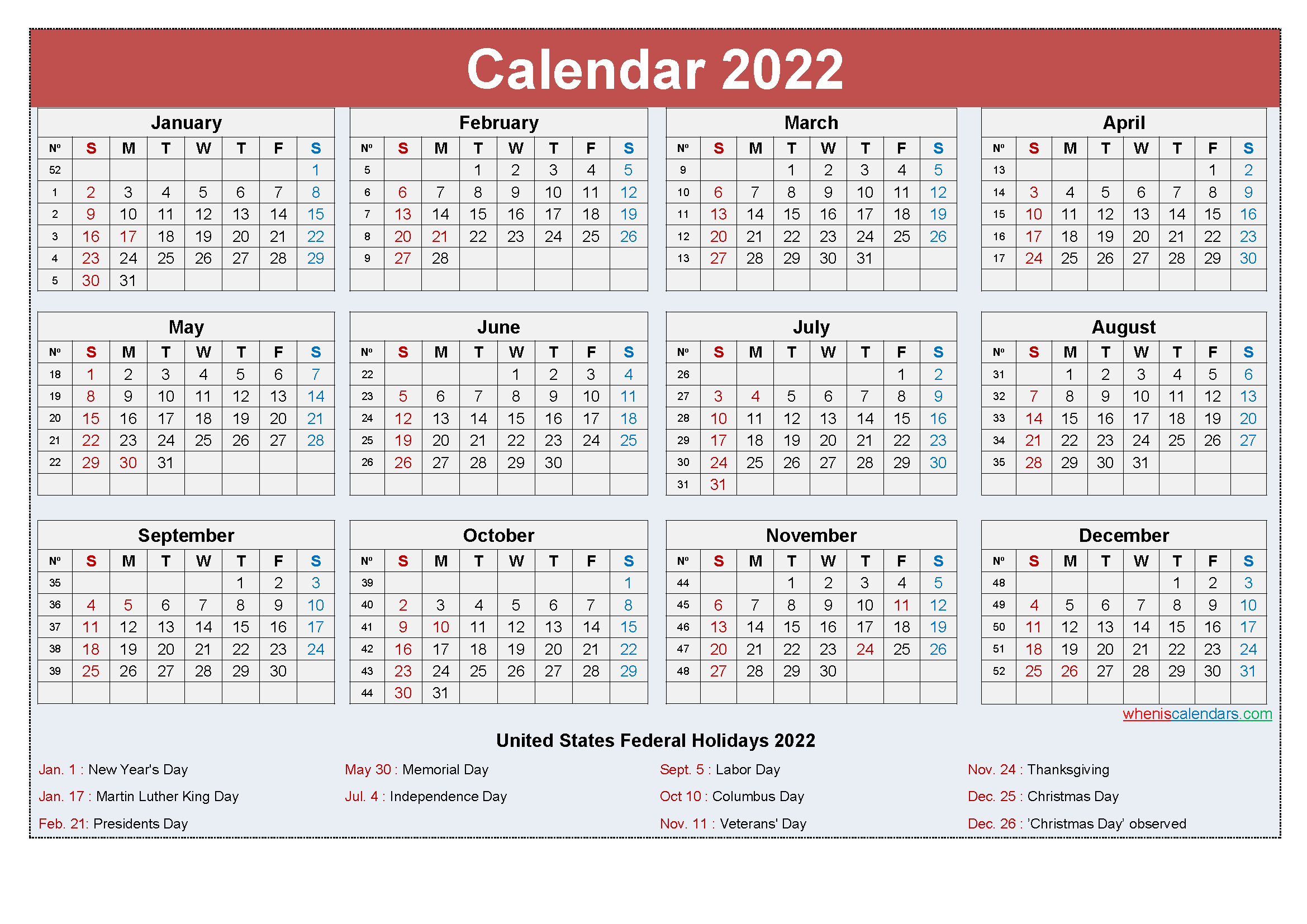 Free Yearly 2022 Calendar with Holidays Word, PDF - Free ...