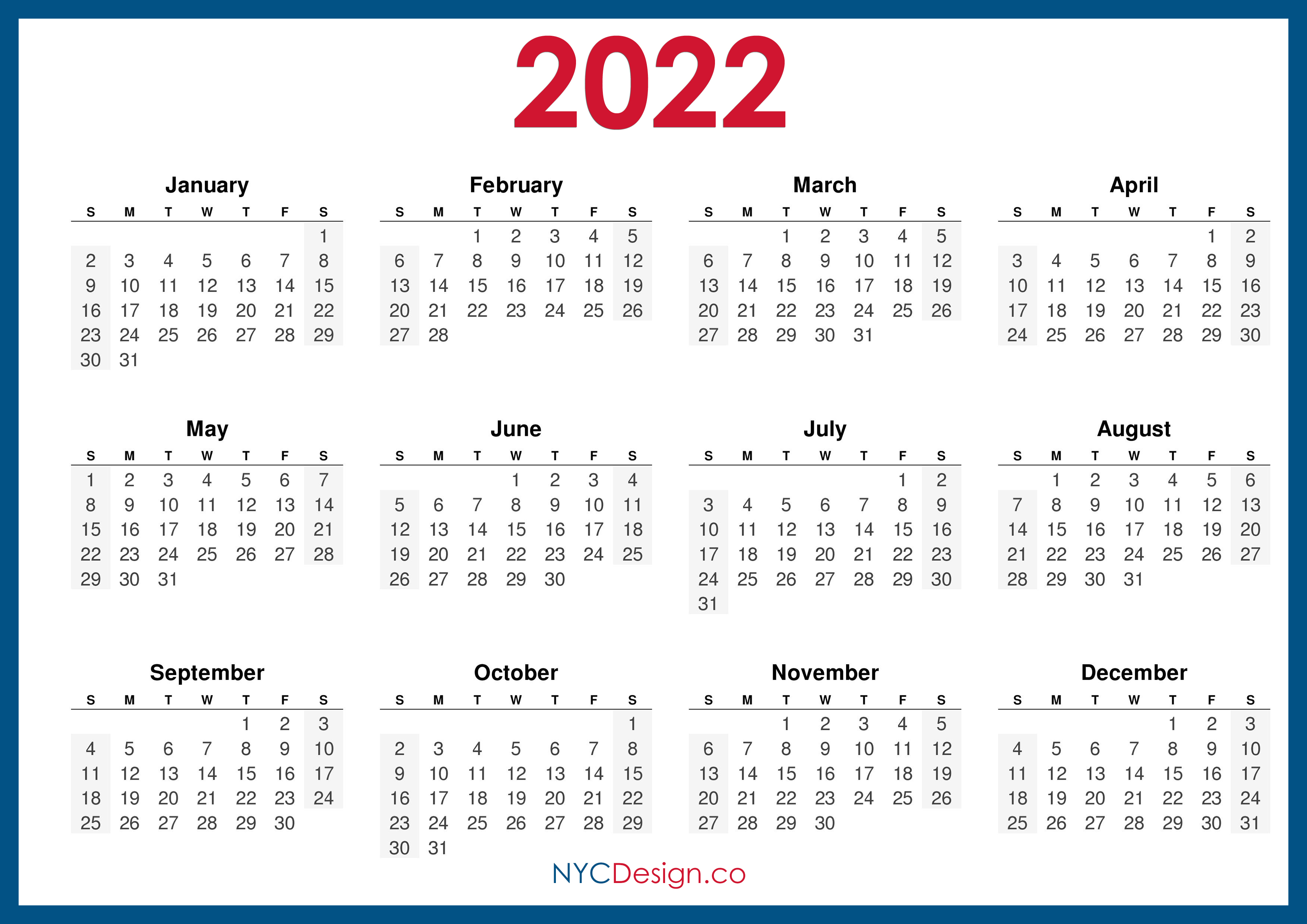2022 Calendar Printable Free, Horizontal, Blue, HD ...
