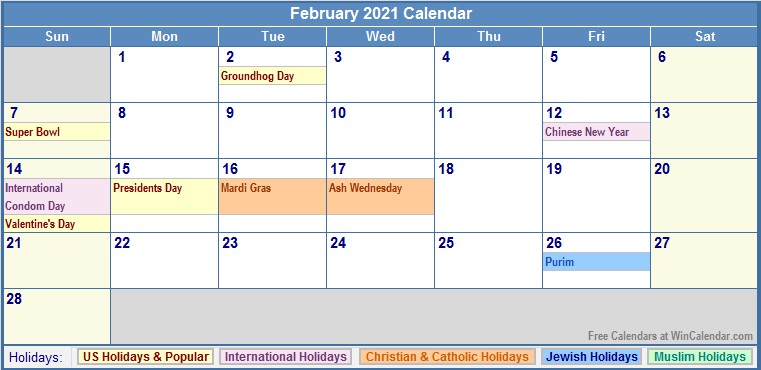 february 2021 calendar with holidays as picture