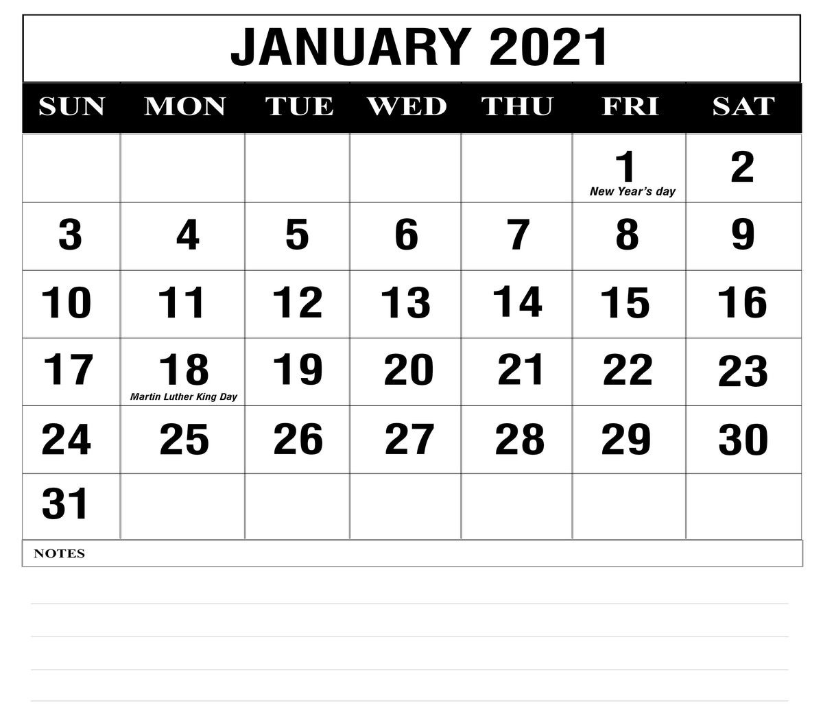 free january 2021 printable calendar template in pdf