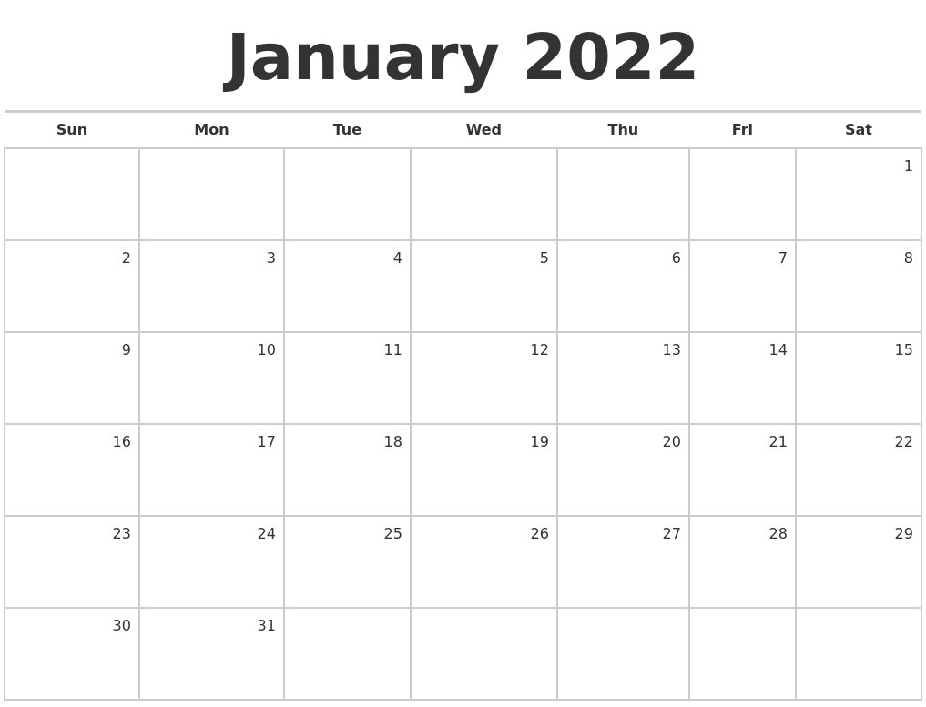 January 2022 Blank Monthly Calendar