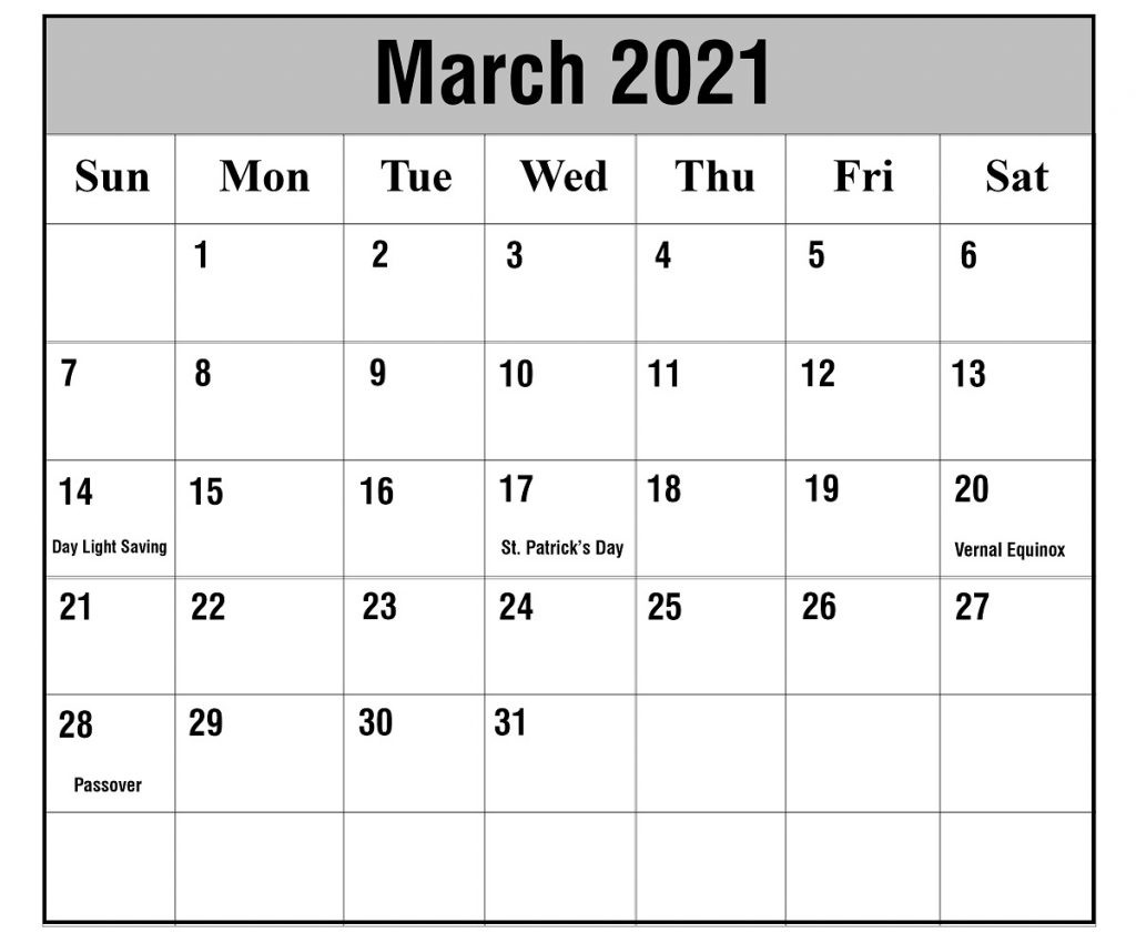 free march 2021 printable calendar template in pdf excel