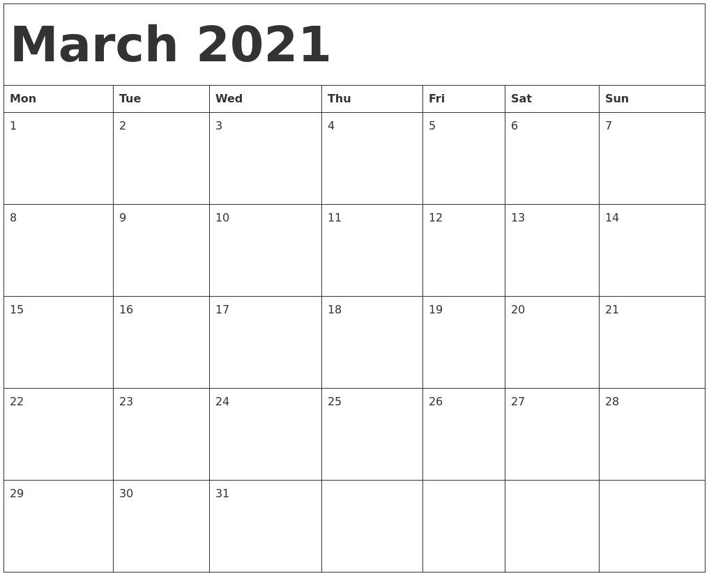 march 2021 calendar template