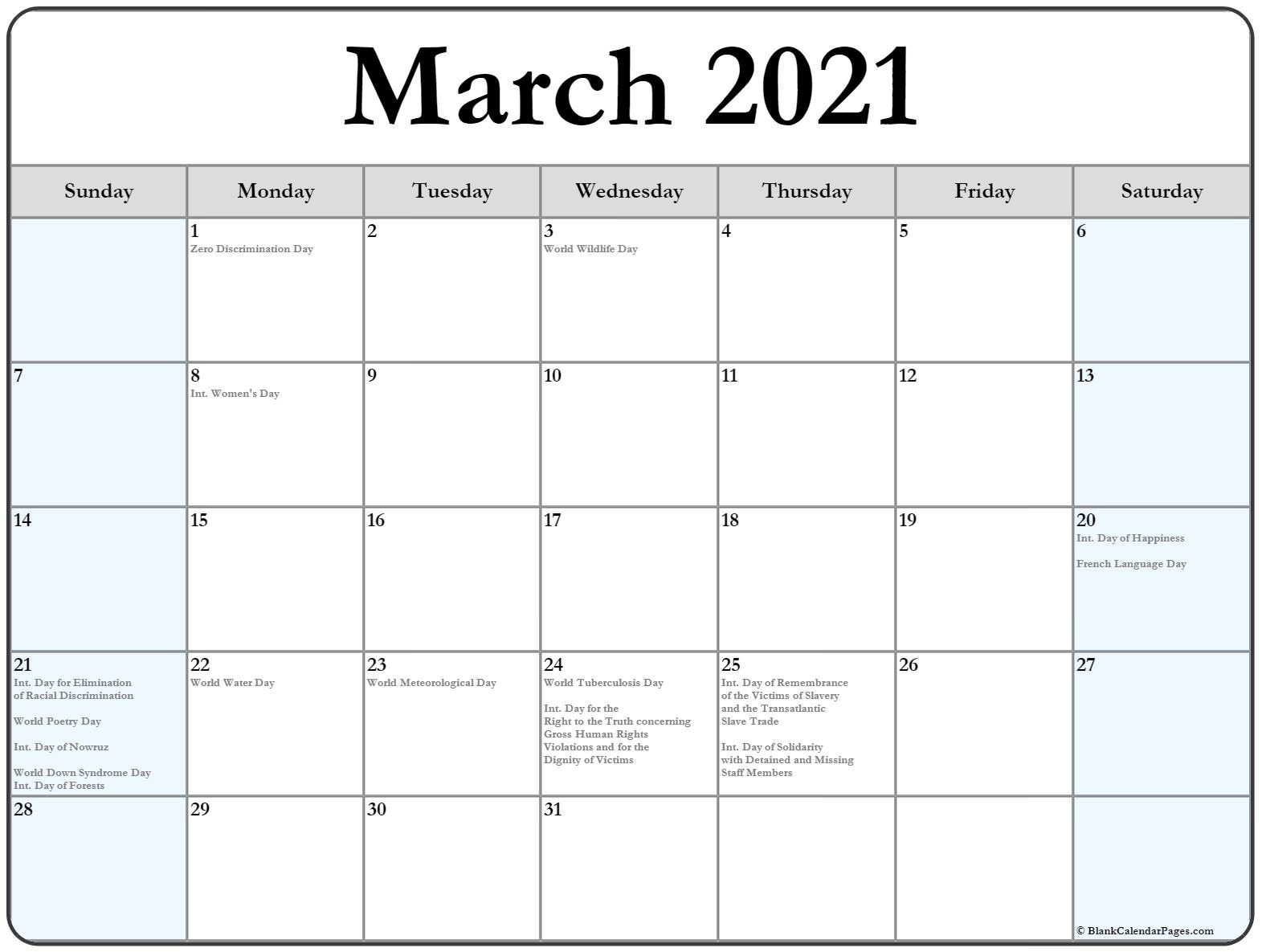 collection of march 2021 calendars with holidays