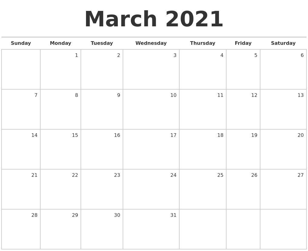 march 2021 blank monthly calendar