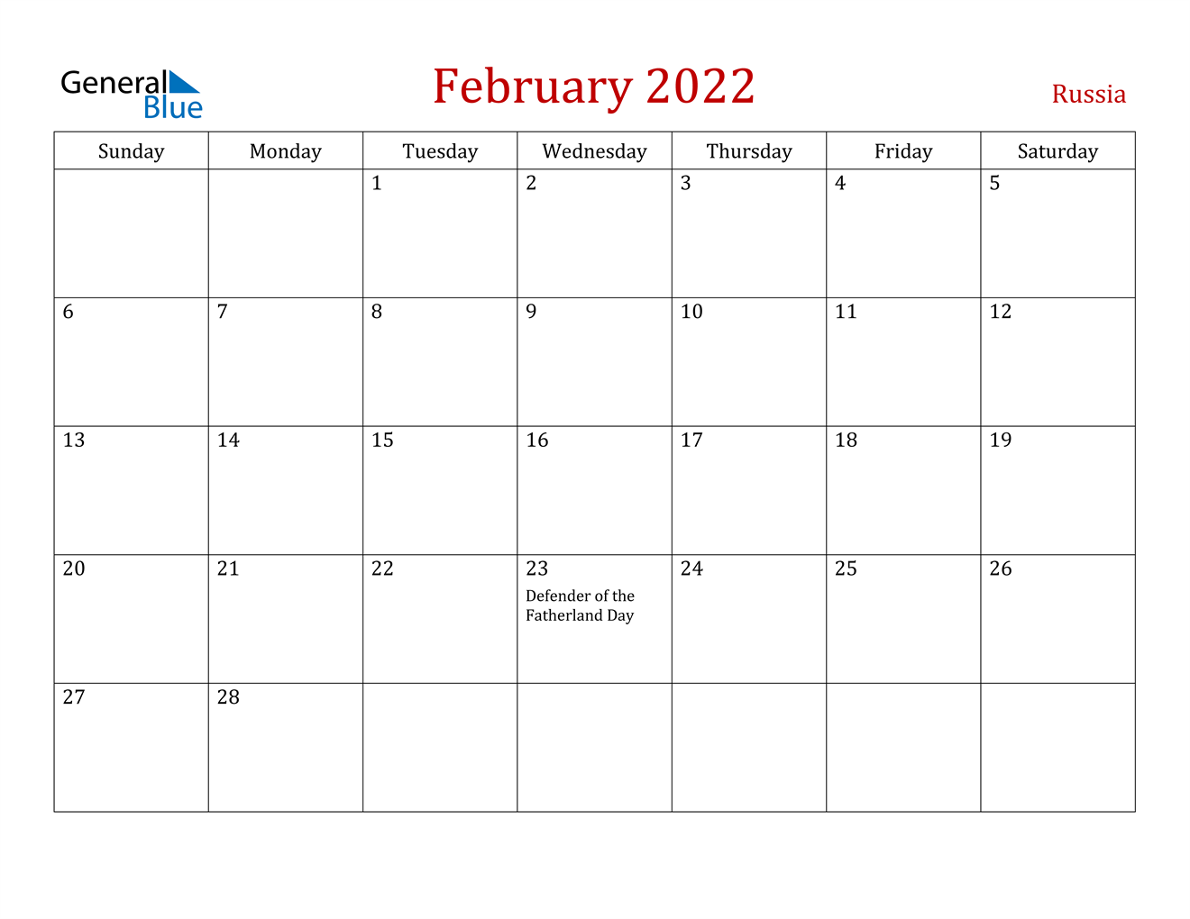 February 2022 Calendar - Russia