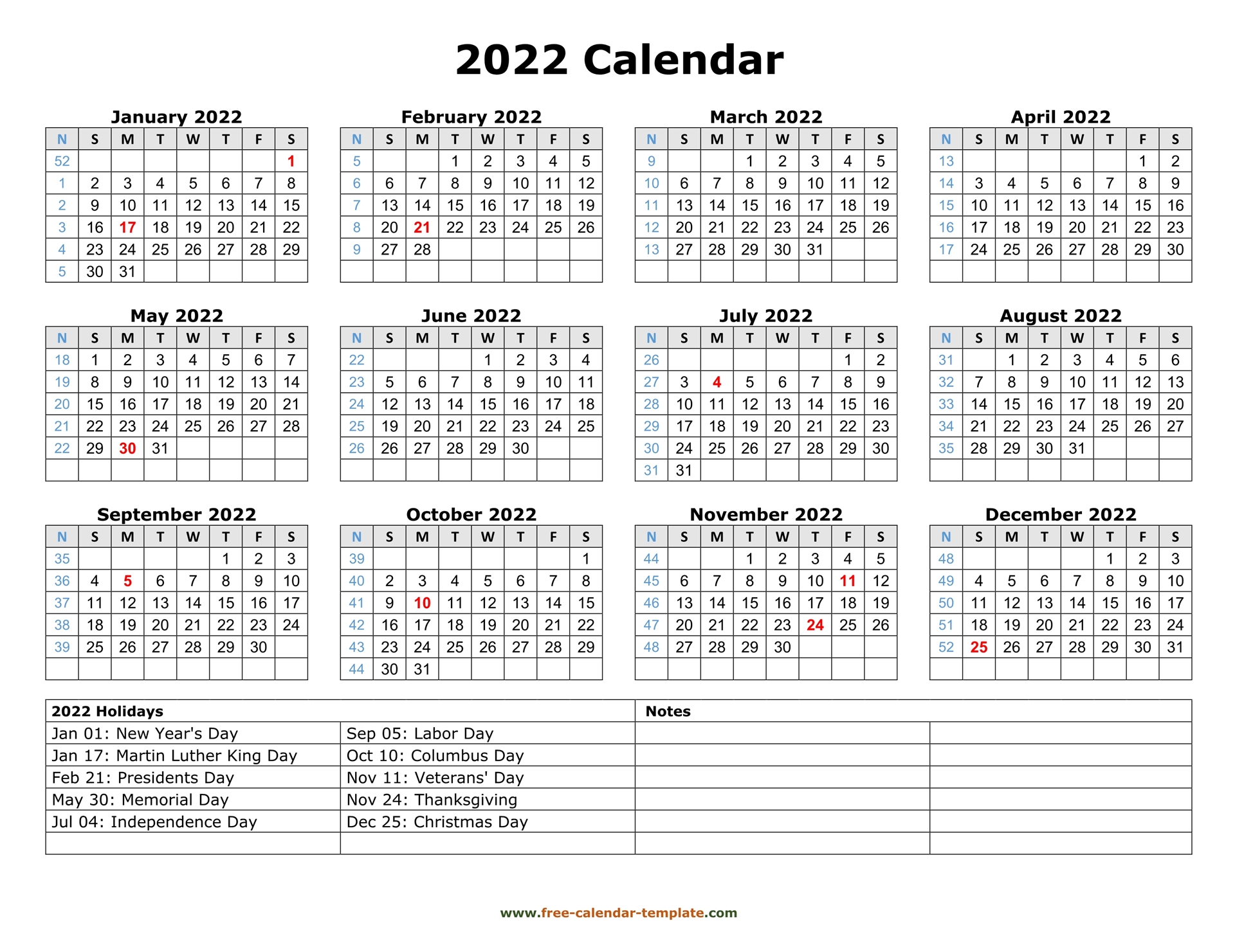 Printable yearly calendar 2022 with US holidays | Free ...