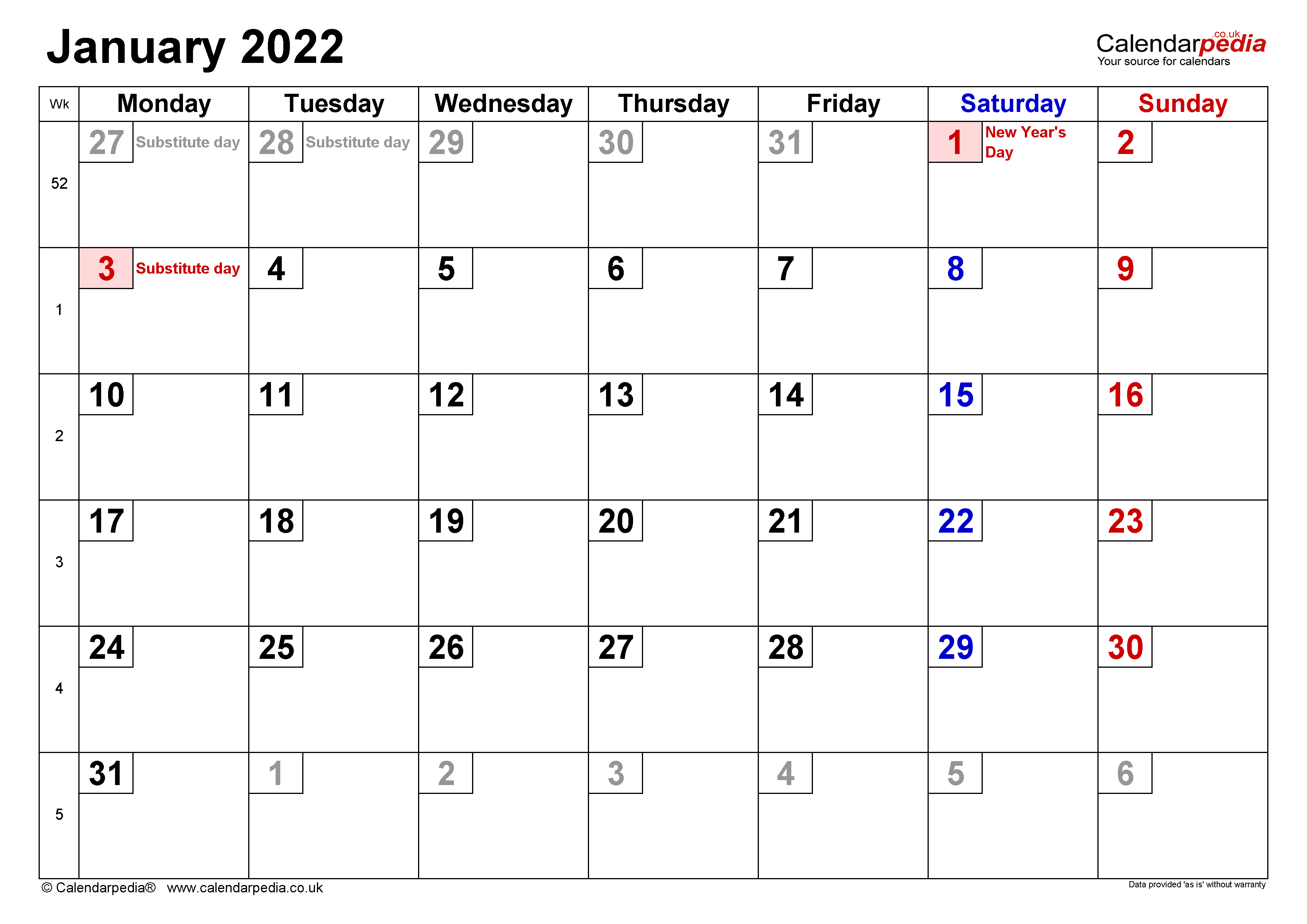 Calendar January 2022 (UK) with Excel, Word and PDF templates