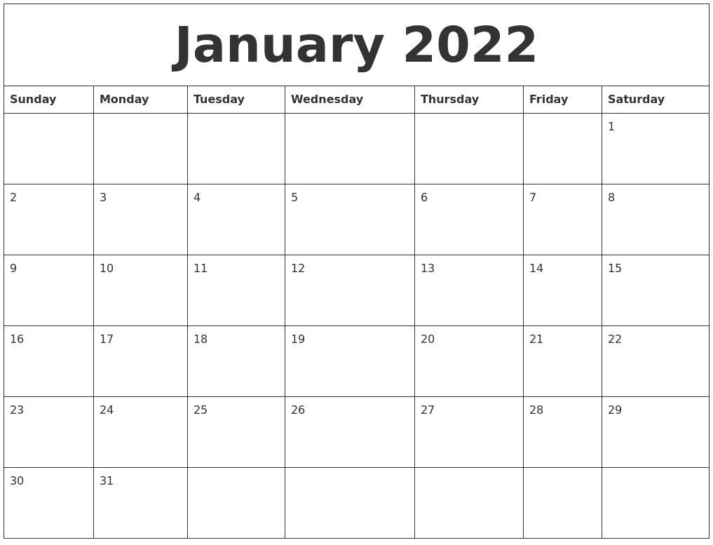 January 2022 Blank Monthly Calendar Template