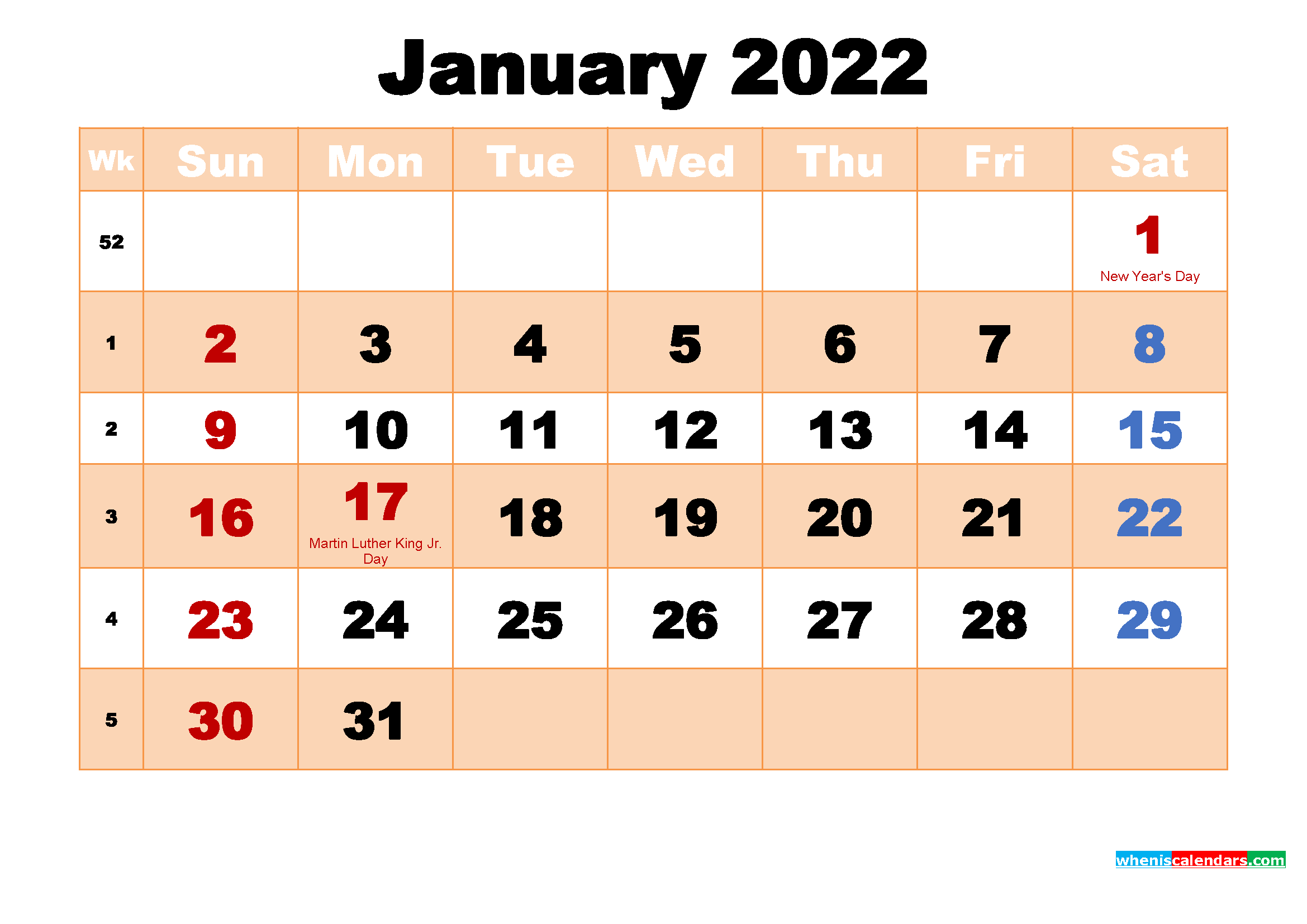 Free Printable January 2022 Calendar with Holidays | Free ...