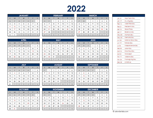 2022 Excel Yearly Calendar - Free Printable Templates