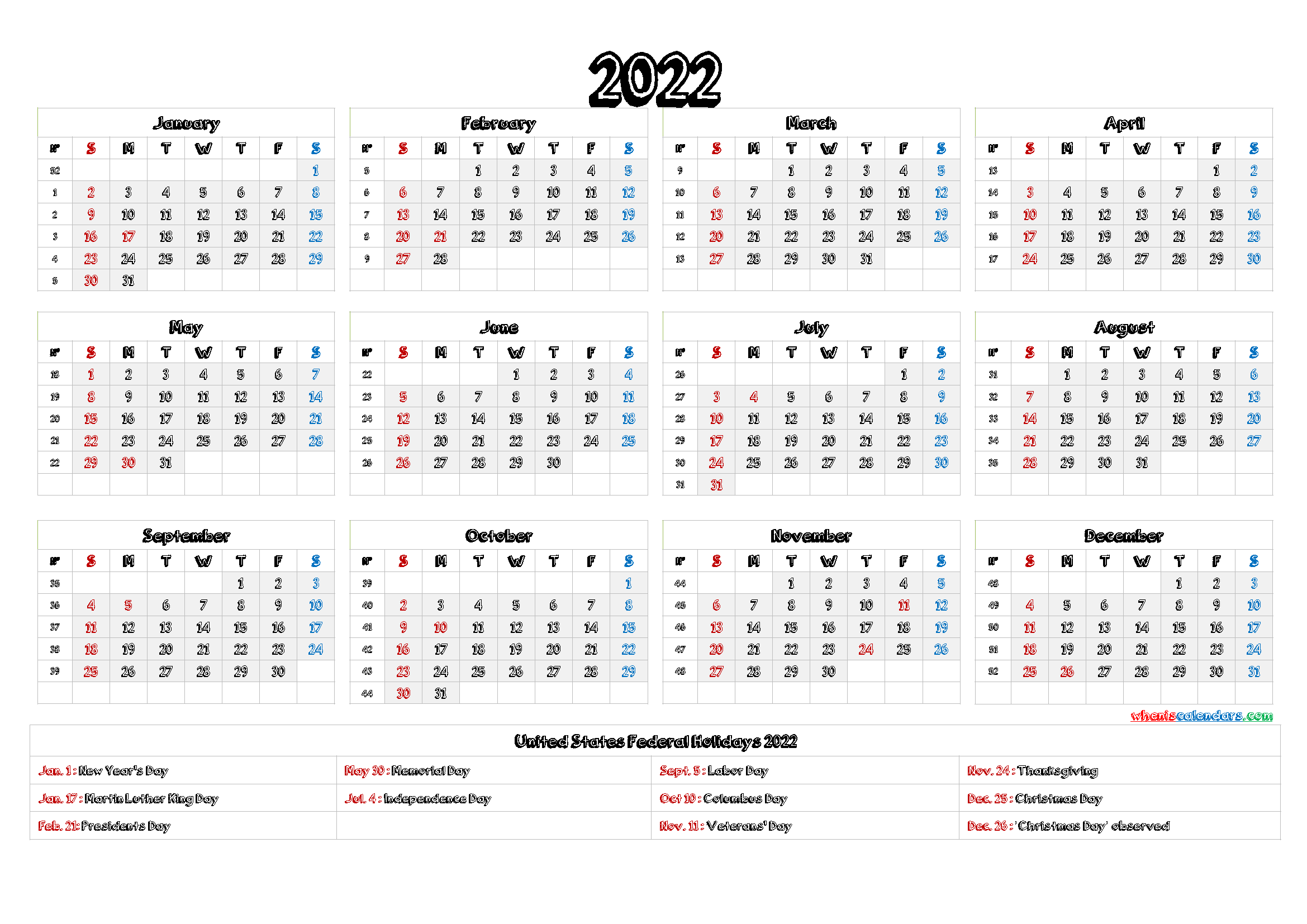 2022 Calendar with Holidays Printable - 9 Templates | Free ...