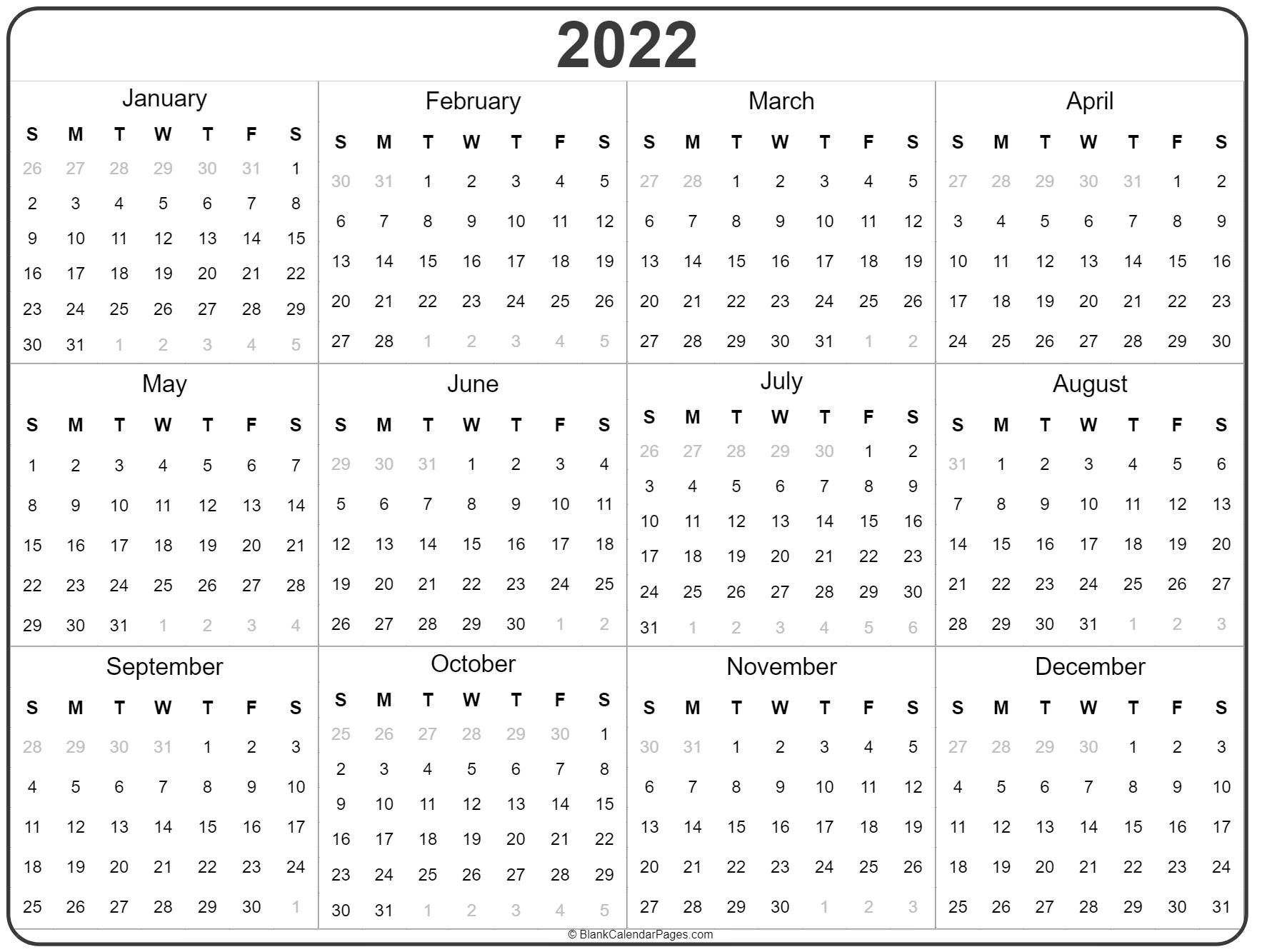 2022 year calendar | yearly printable