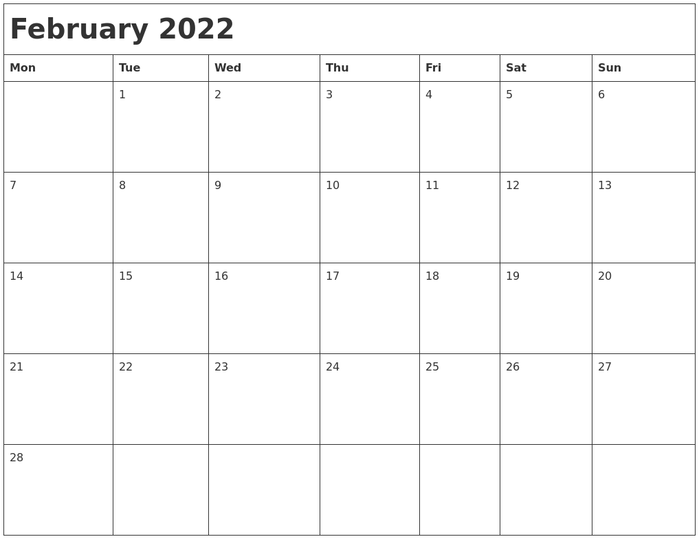 February 2022 Month Calendar