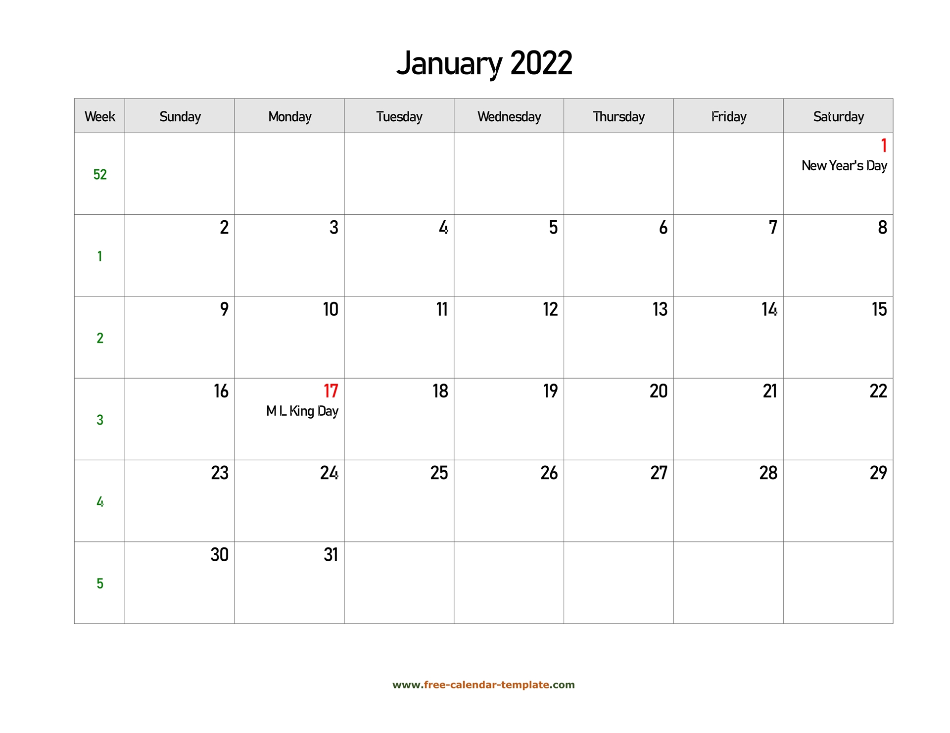 Free 2022 Calendar Blank Monthly Template (horizontal ...