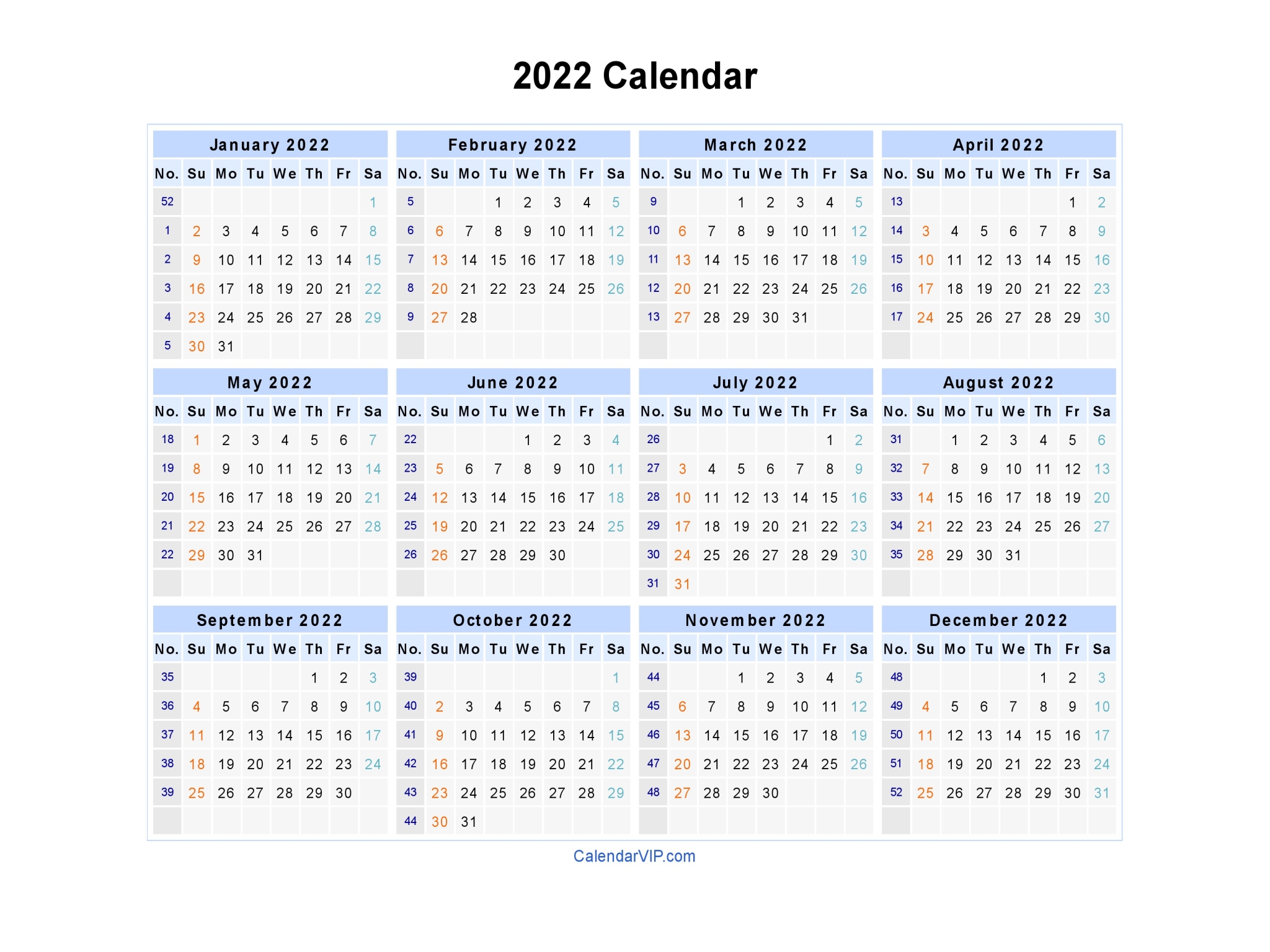 2022 Calendar - Blank Printable Calendar Template in PDF ...