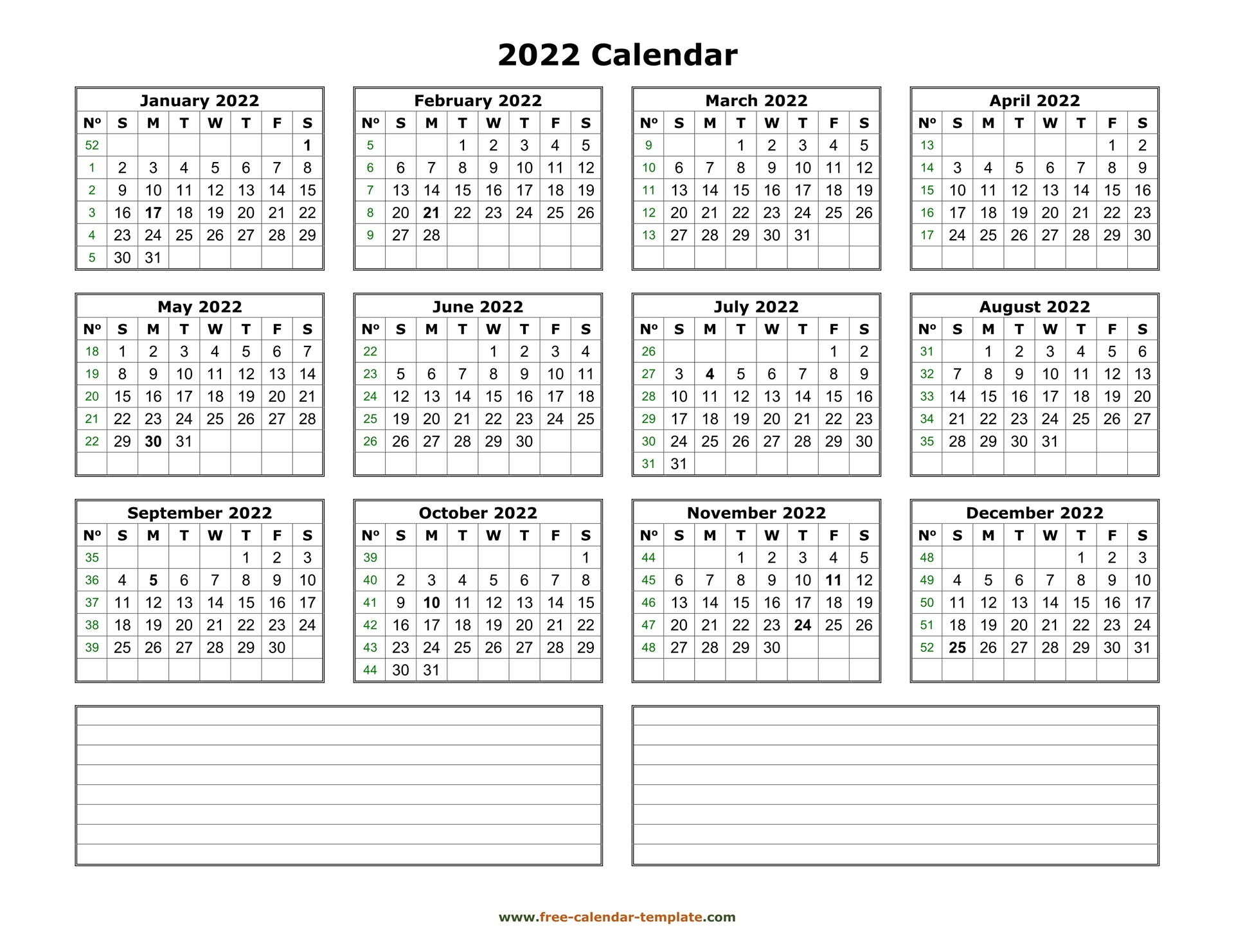 Yearly 2022 calendar printable with space for notes | Free ...